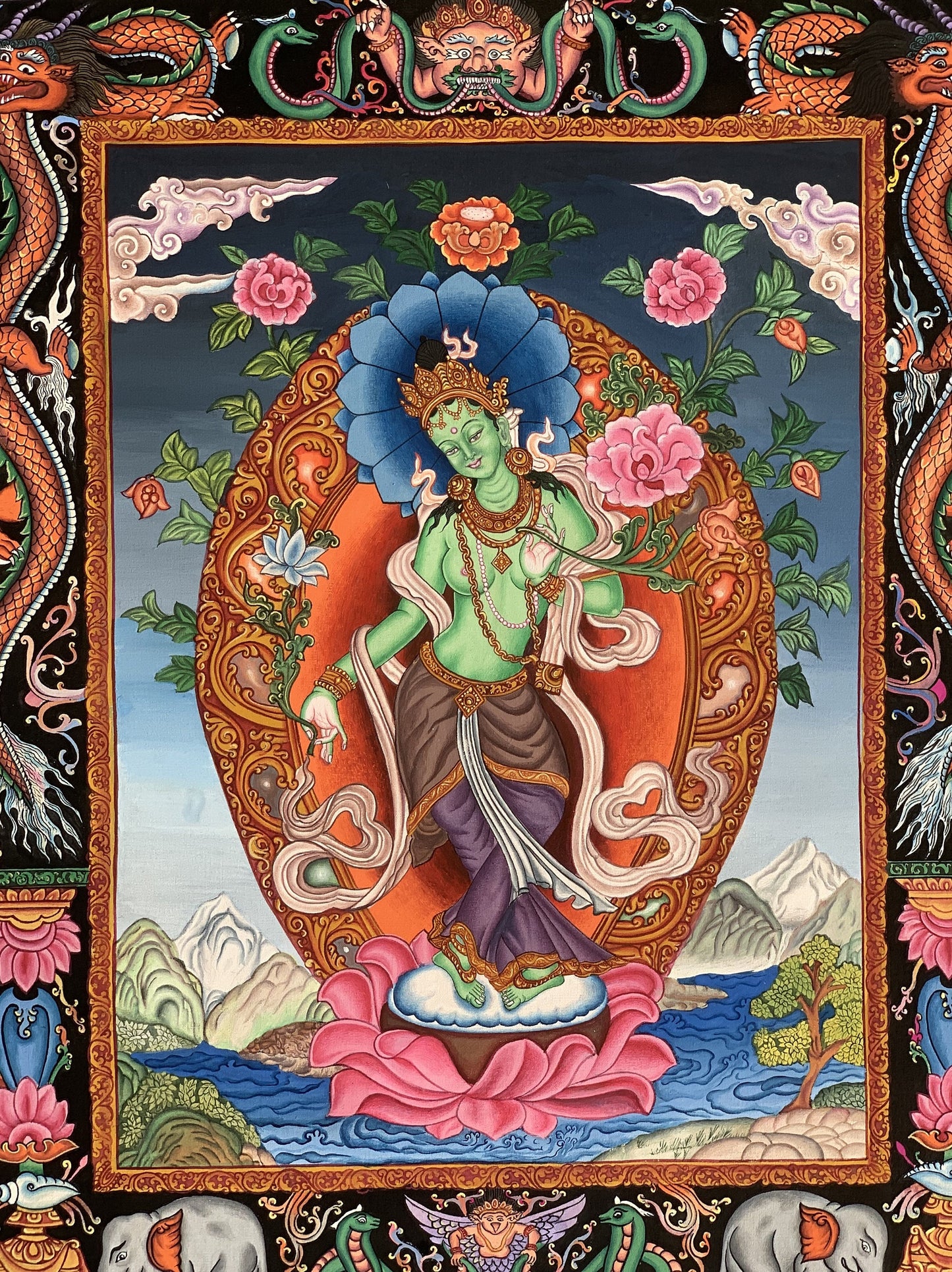 Green Tara Thangka Painting, Newari Paubha Art, Handmade Cotton Canvas