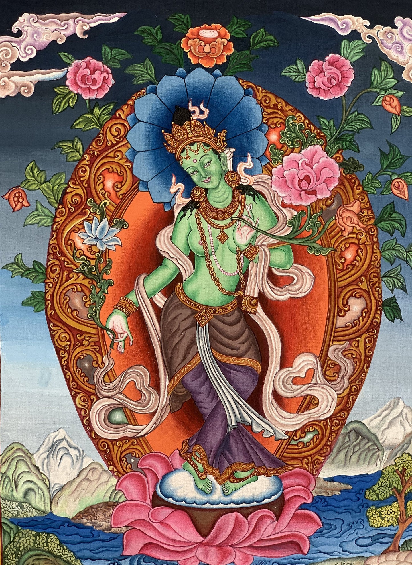 Green Tara Thangka Painting, Newari Paubha Art, Handmade Cotton Canvas