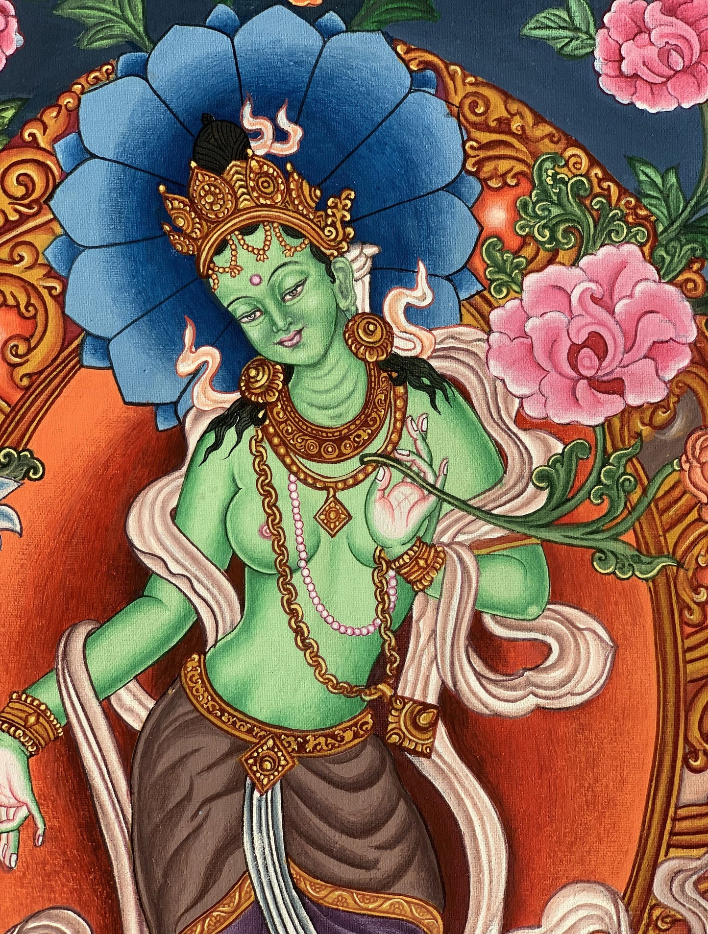 Green Tara Thangka Painting, Newari Paubha Art, Handmade Cotton Canvas