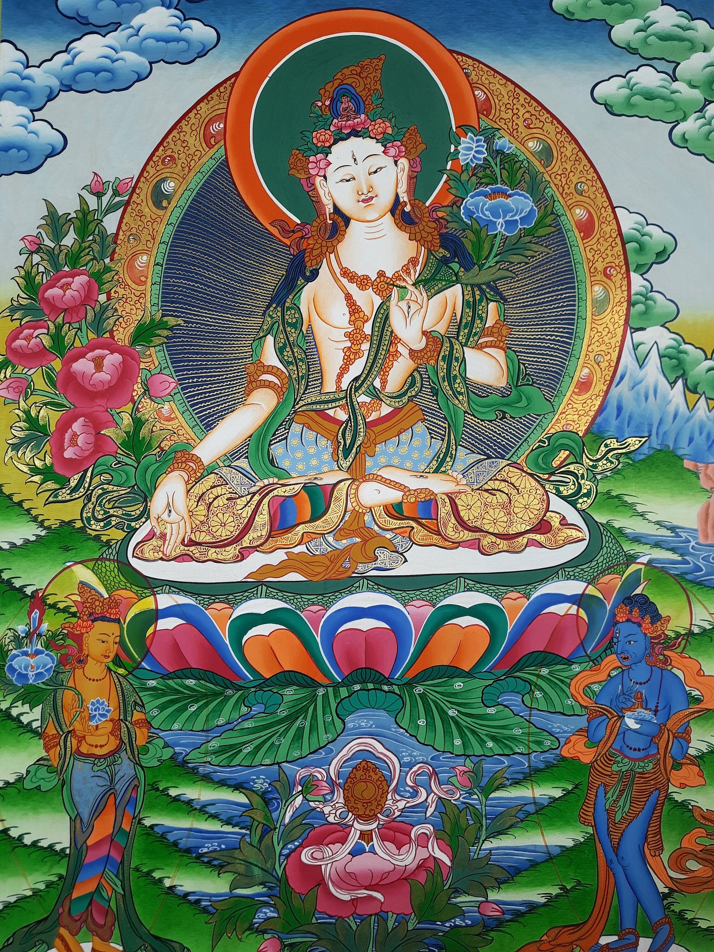 Hand-Painted White Tara Thangka Painting, Tibetan Meditation Art