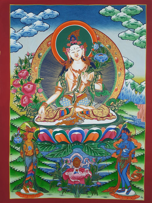 Hand-Painted White Tara Thangka Painting, Tibetan Meditation Art