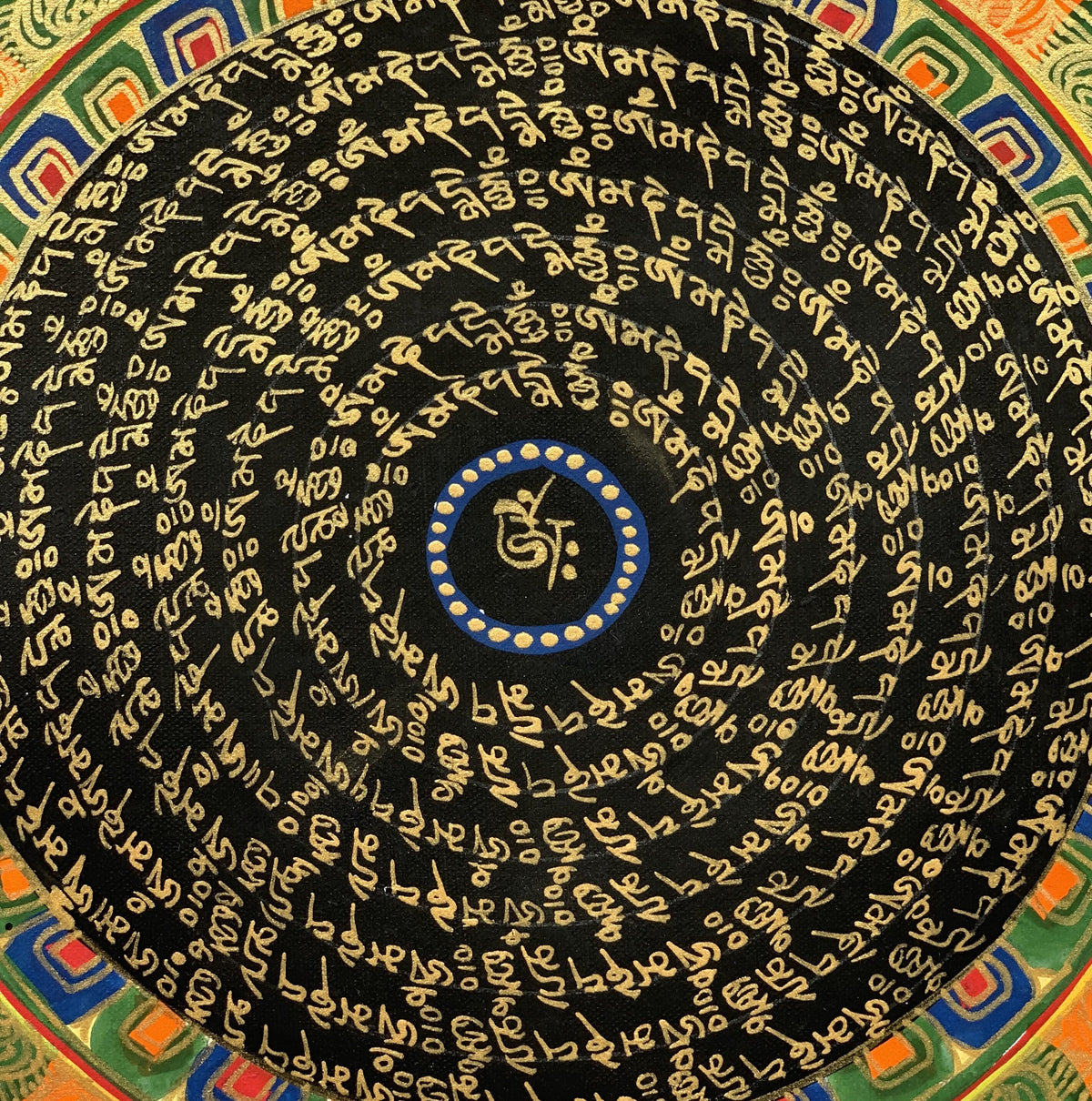 Sacred Om Mani Padme Hum Mantra Mandala Tibetan Thangka Painting Floral Border Original Art/ Home Décor/ Wall Hanging