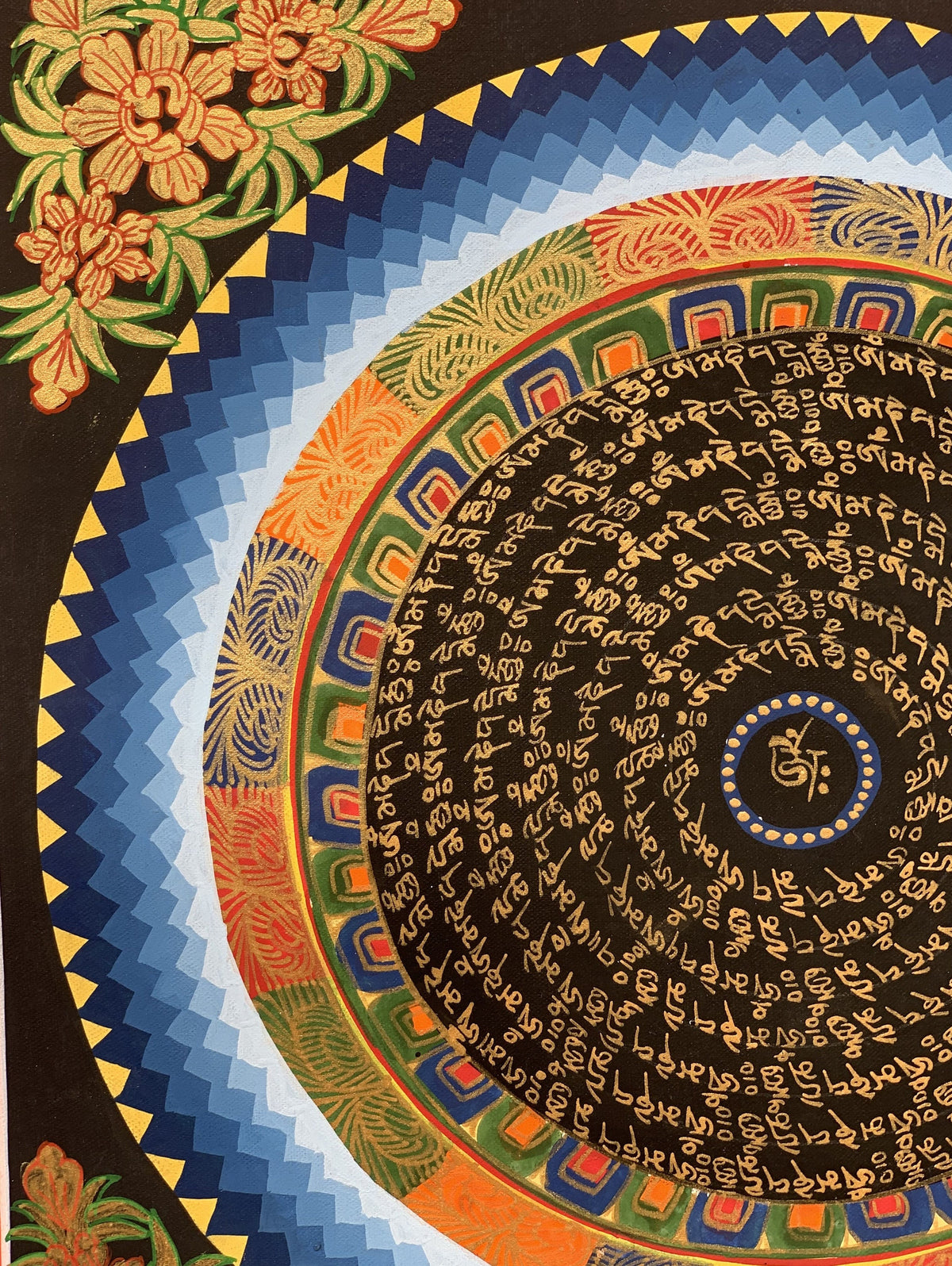 Sacred Om Mani Padme Hum Mantra Mandala Tibetan Thangka Painting Floral Border Original Art/ Home Décor/ Wall Hanging