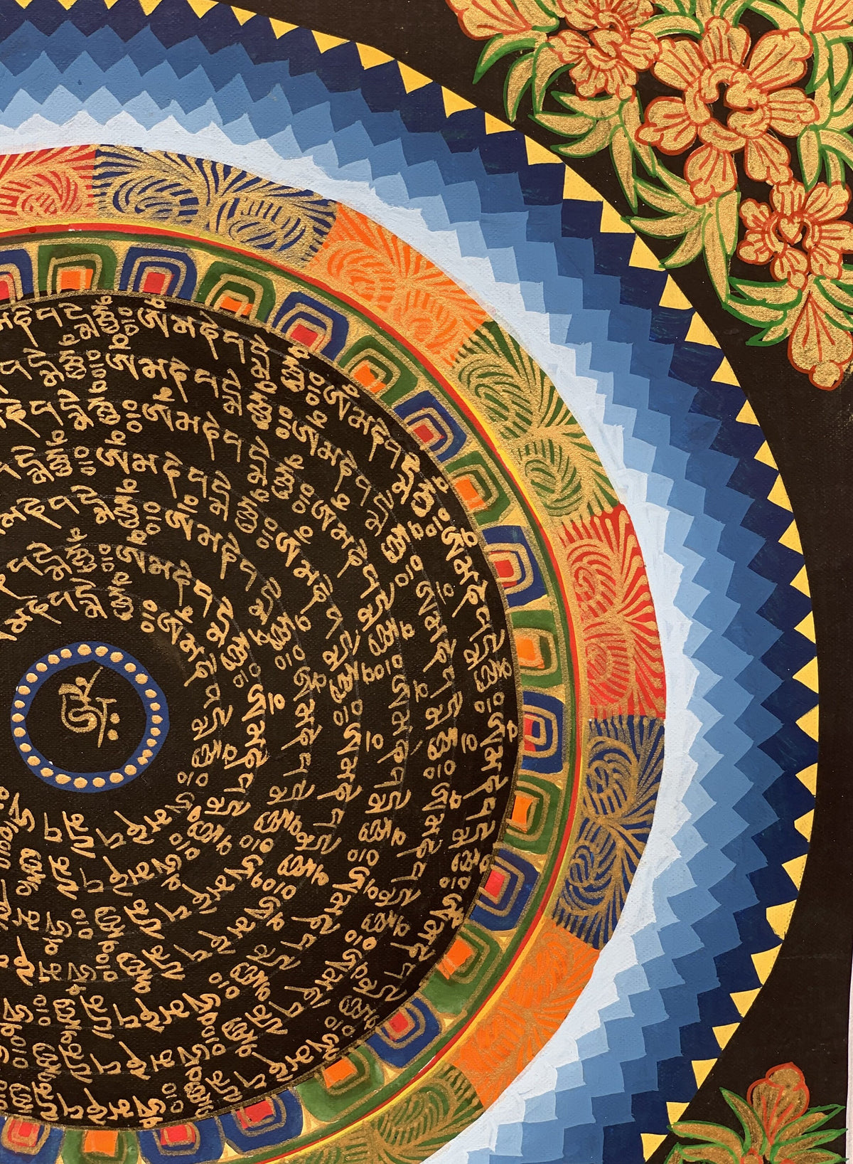 Sacred Om Mani Padme Hum Mantra Mandala Tibetan Thangka Painting Floral Border Original Art/ Home Décor/ Wall Hanging