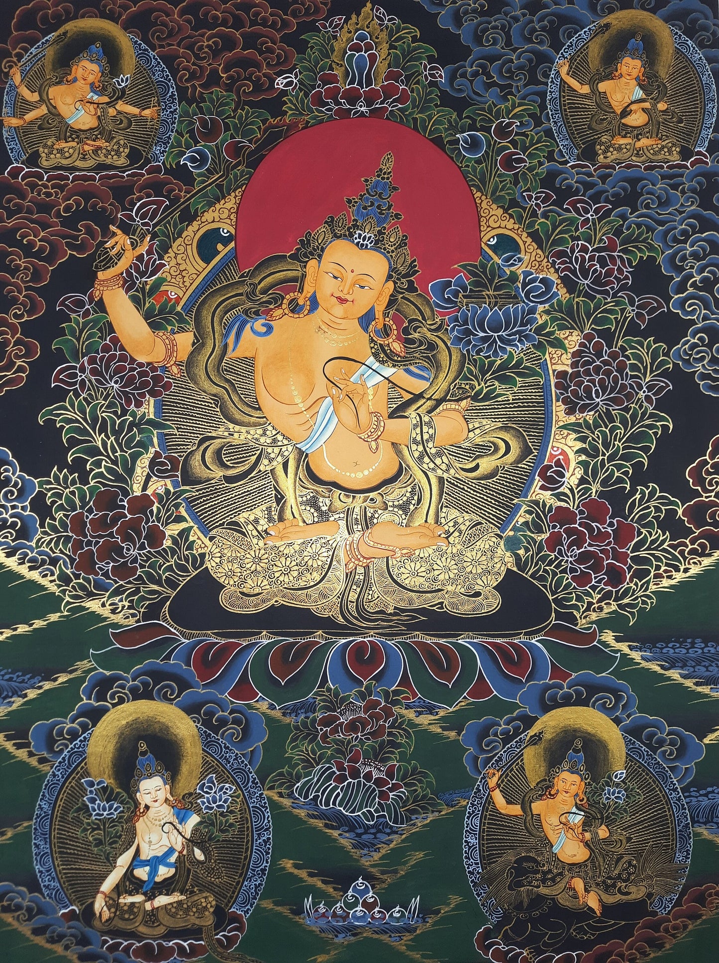 Hand-Painted Pancha Manjushree Thangka Painting, God of Wisdom