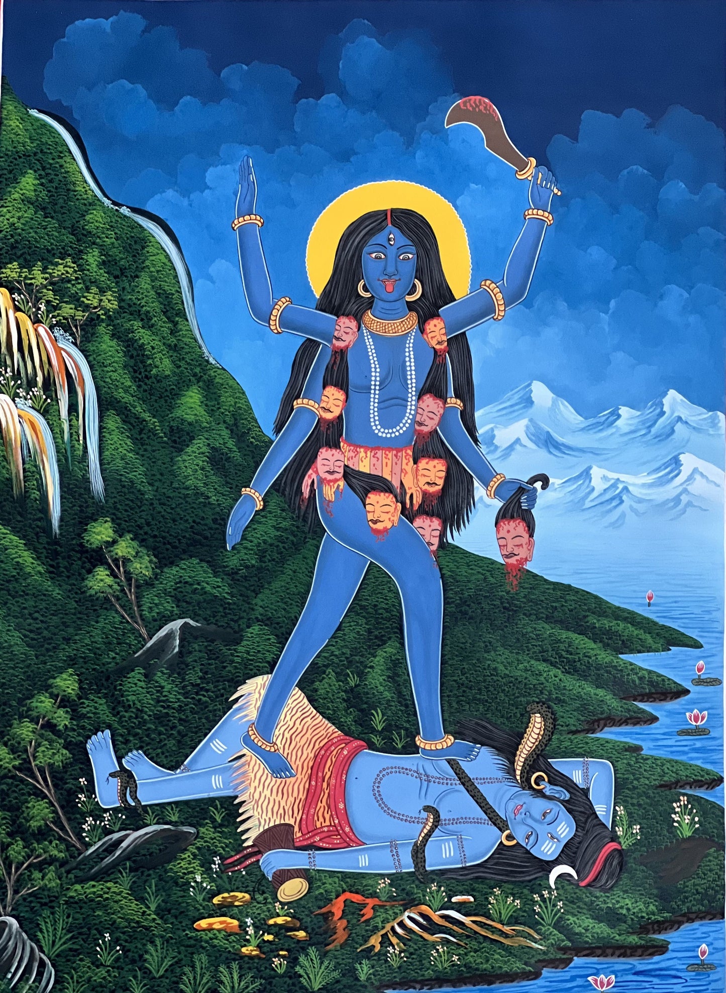 Hand-Painted Mahakali Thangka | Newari Hindu Goddess Art