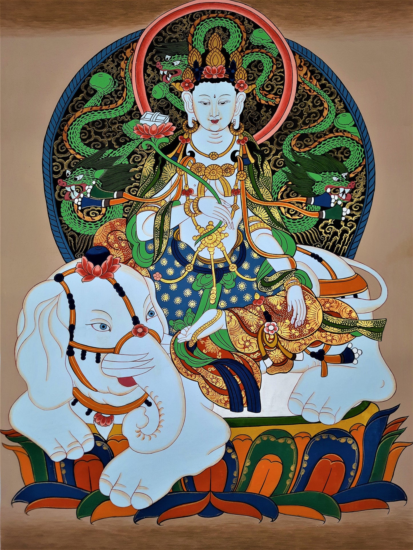 Hand-Painted Pu Xian Thangka: Compassion Buddha, Tibetan Art