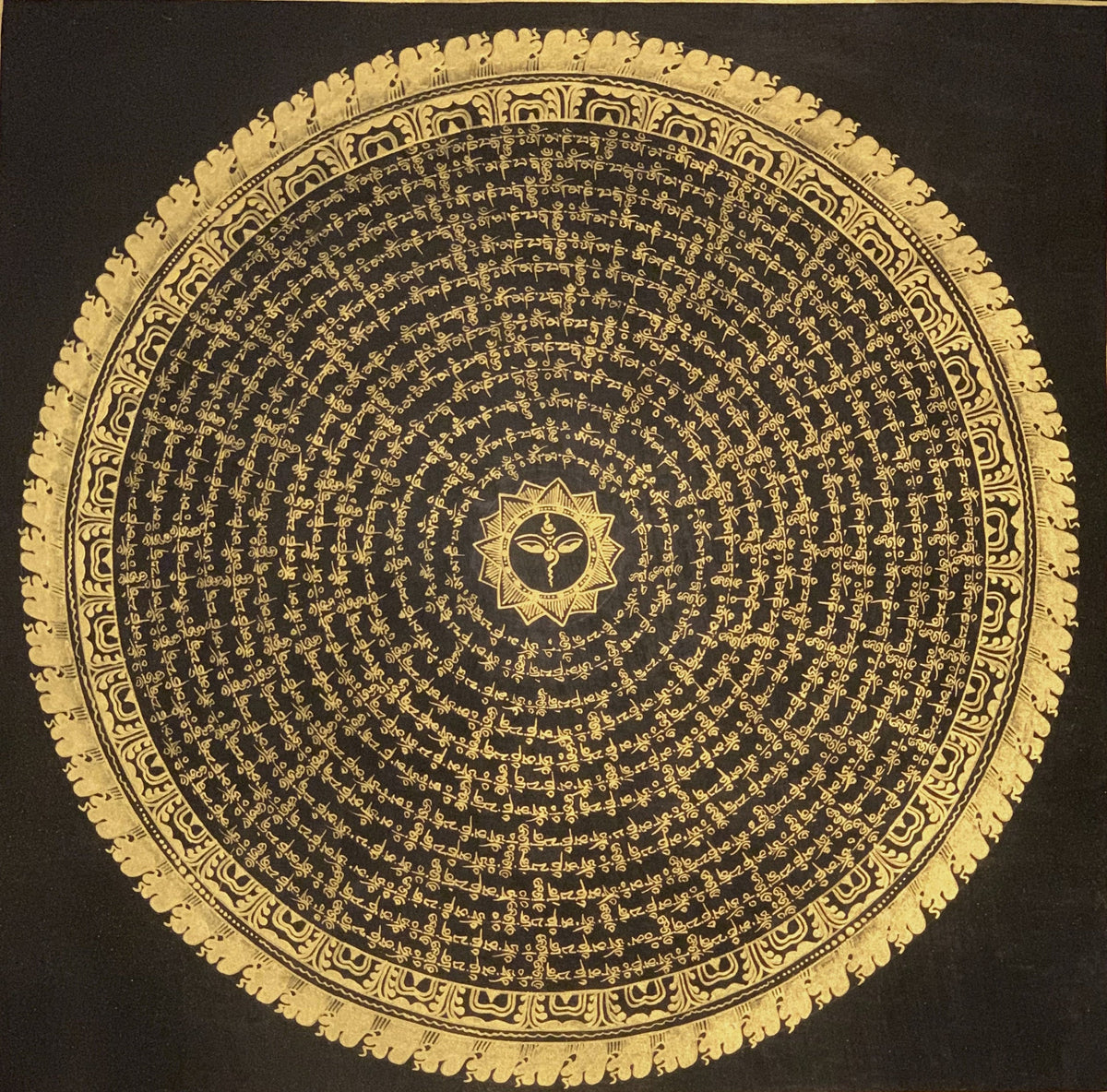 Tibetan Om Mandala Thangka Painting - Black & Gold Meditation Art
