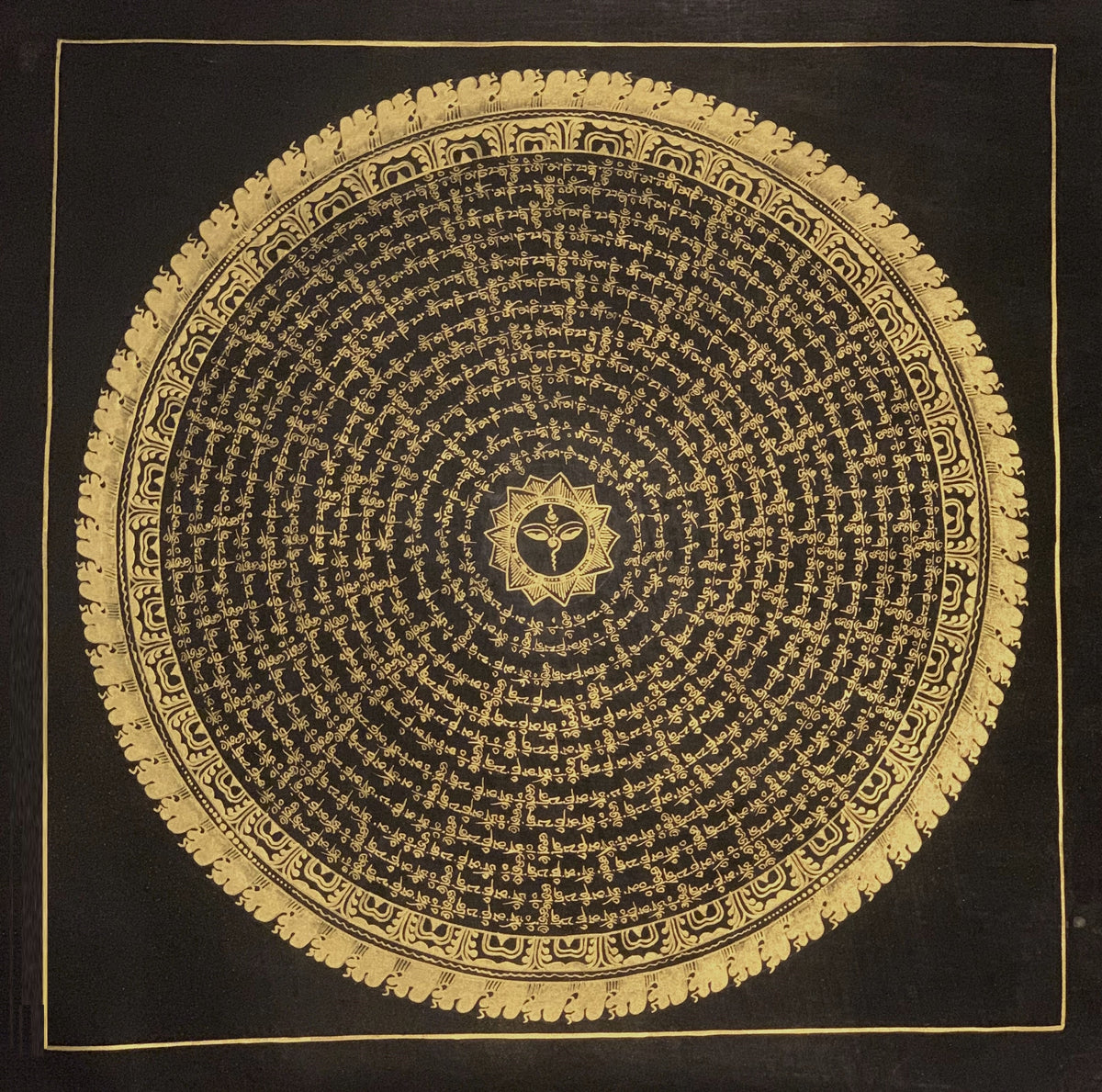 Tibetan Om Mandala Thangka Painting - Black & Gold Meditation Art