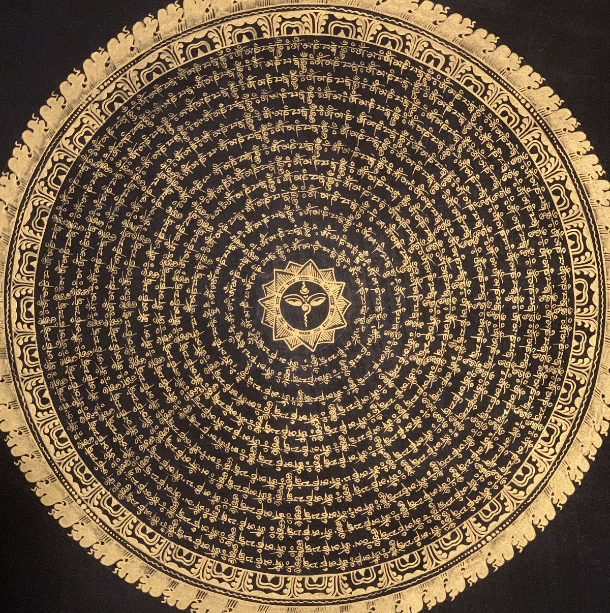 Tibetan Om Mandala Thangka Painting - Black & Gold Meditation Art