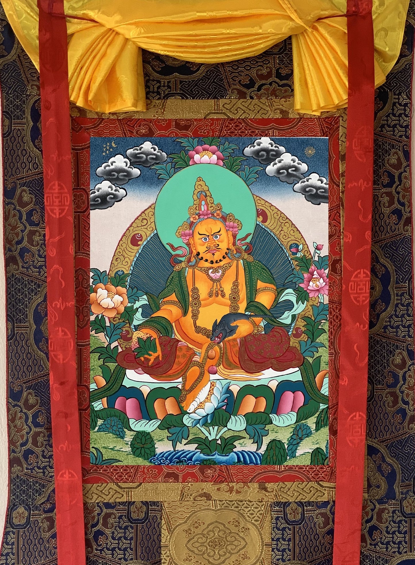 Hand-Painted Jambhala Thangka Painting with Khadi Silk Brocade