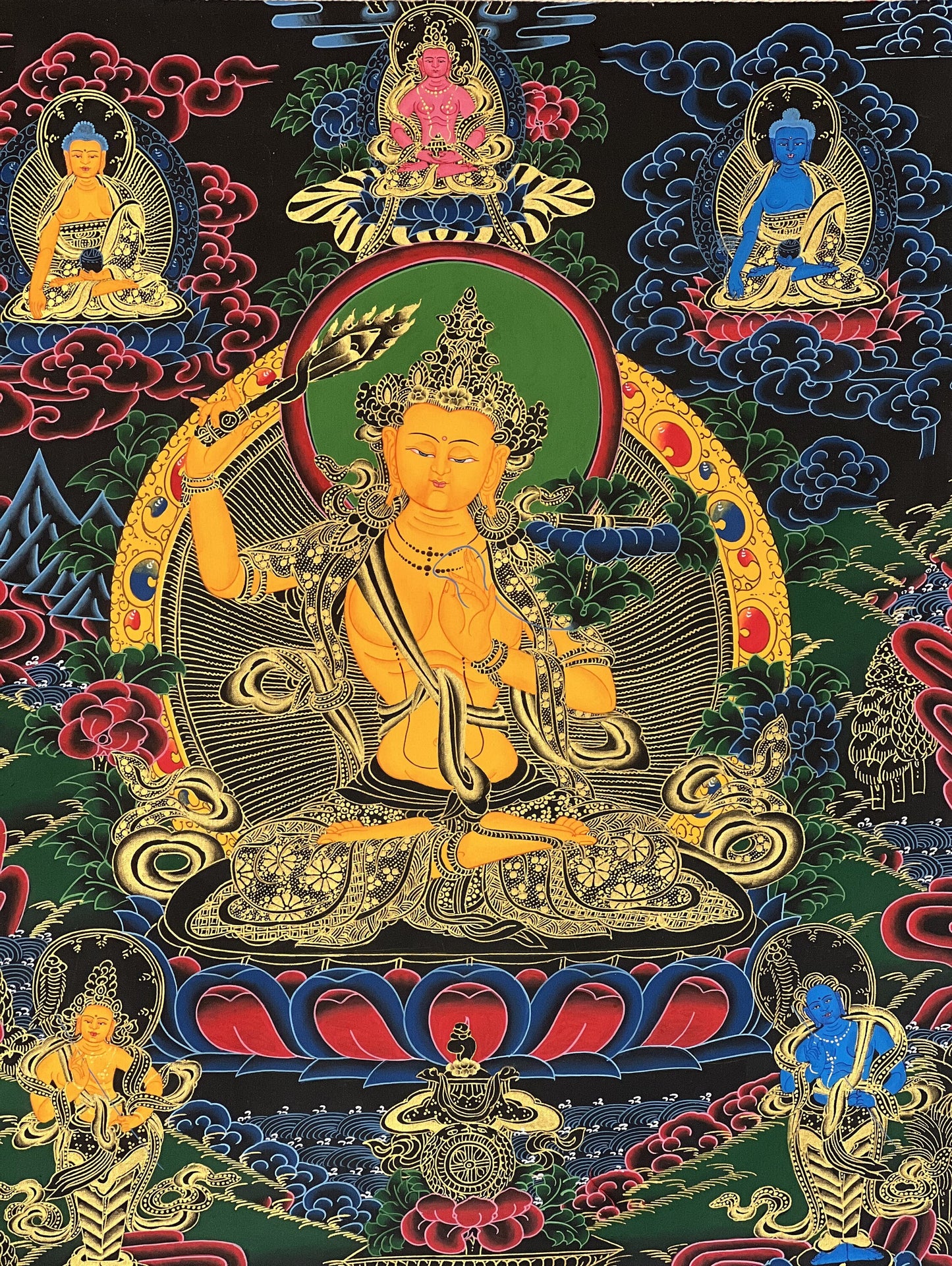 Hand-Painted Manjushri Thangka: Tibetan God of Wisdom, Silk Brocade