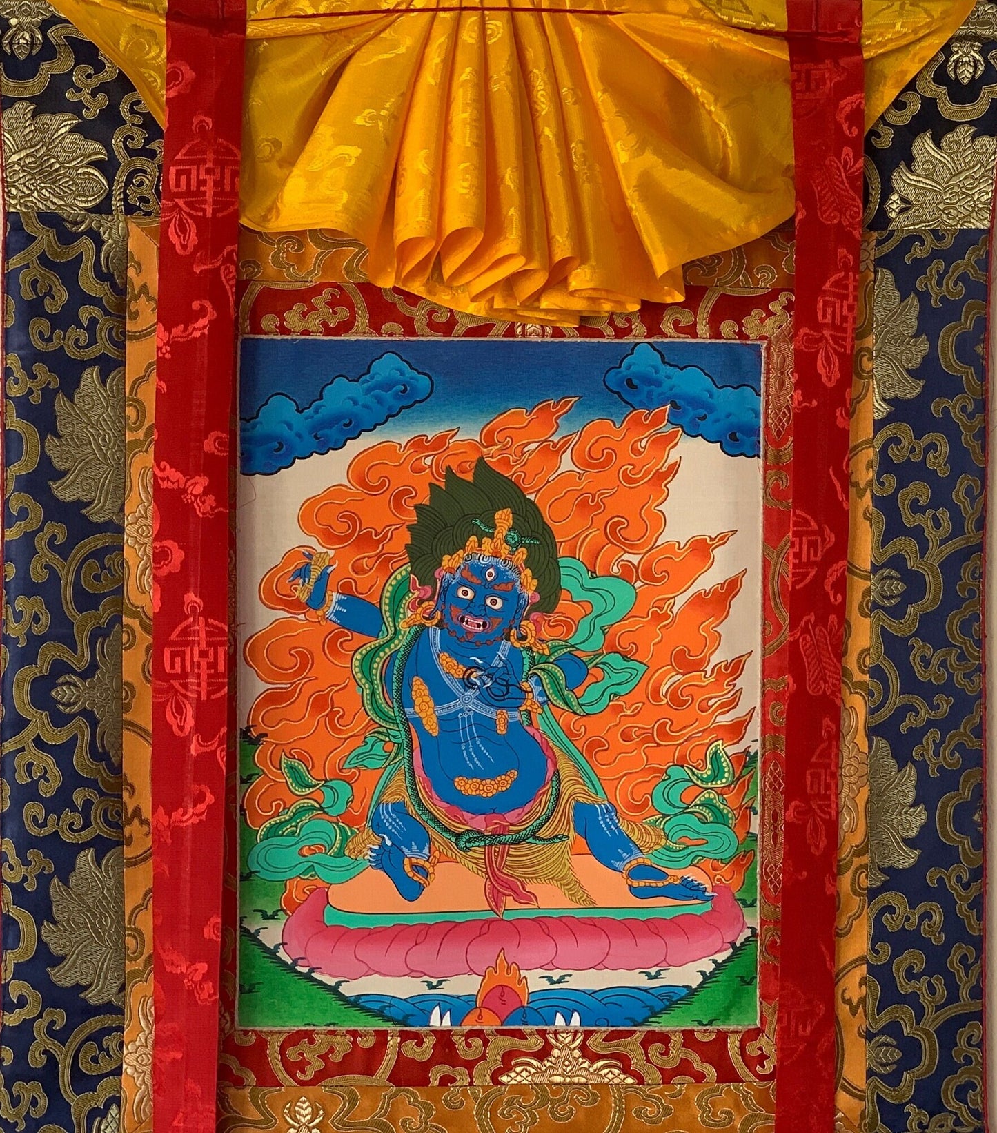 Vajrapani Tibetan Thangka Painting | Wrathful Protector | Hand-Painted Art | Silk Brocade Framed