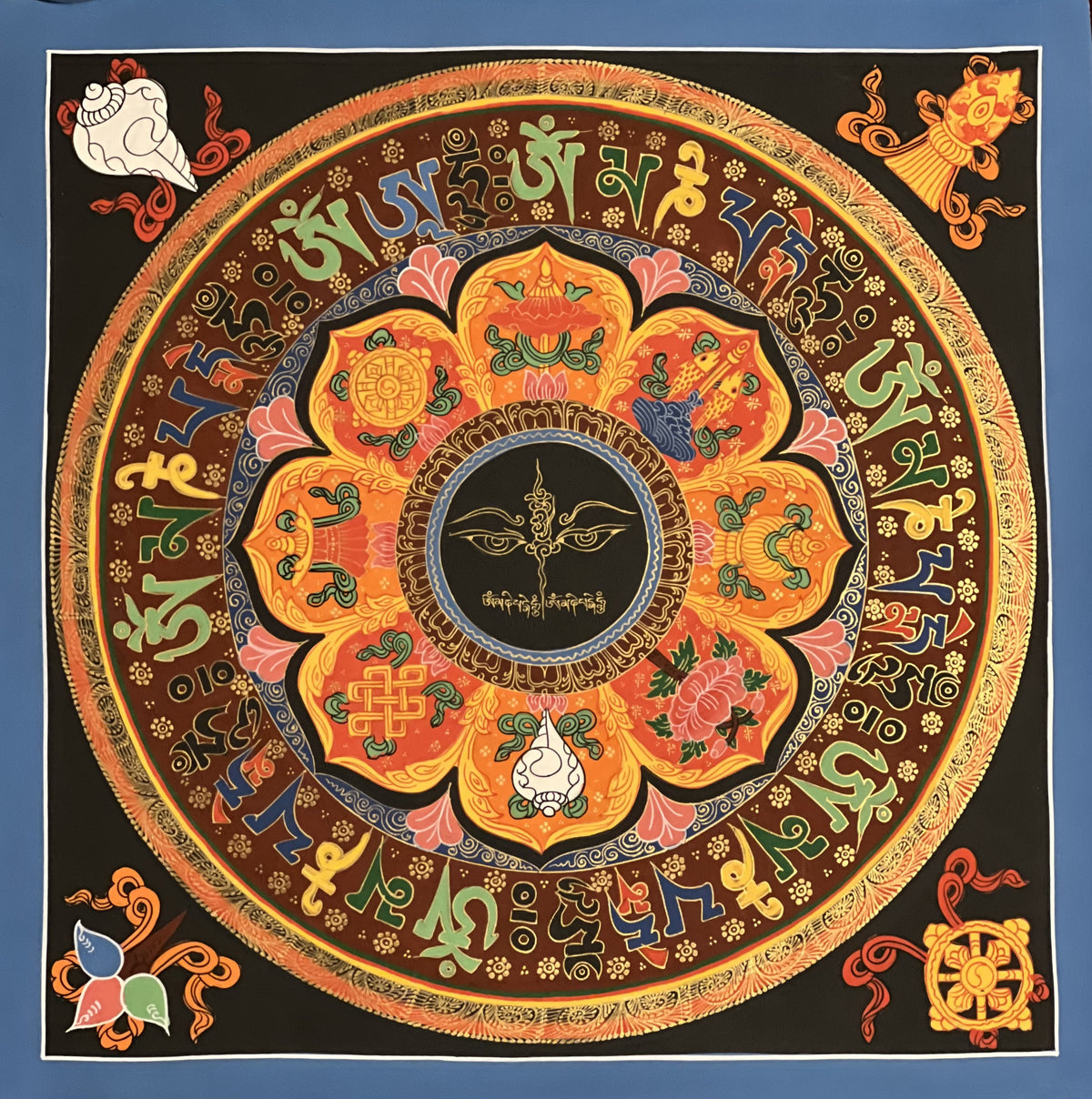 Hand-Painted Buddha Eye Mandala, Om Mani Padme Hum Thangka Art