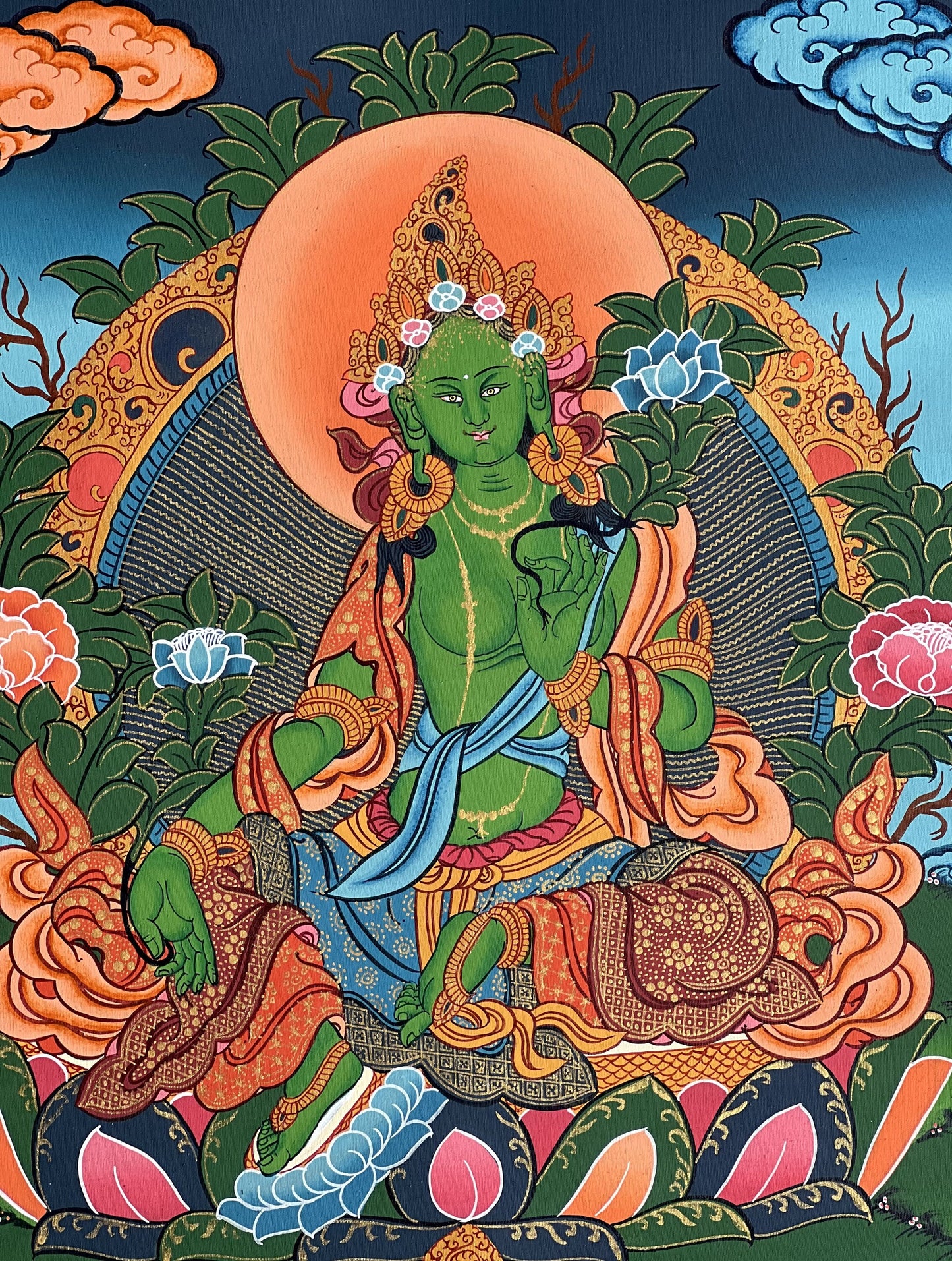 Hand-Painted Green Tara Tibetan Thangka Painting, Meditation Art