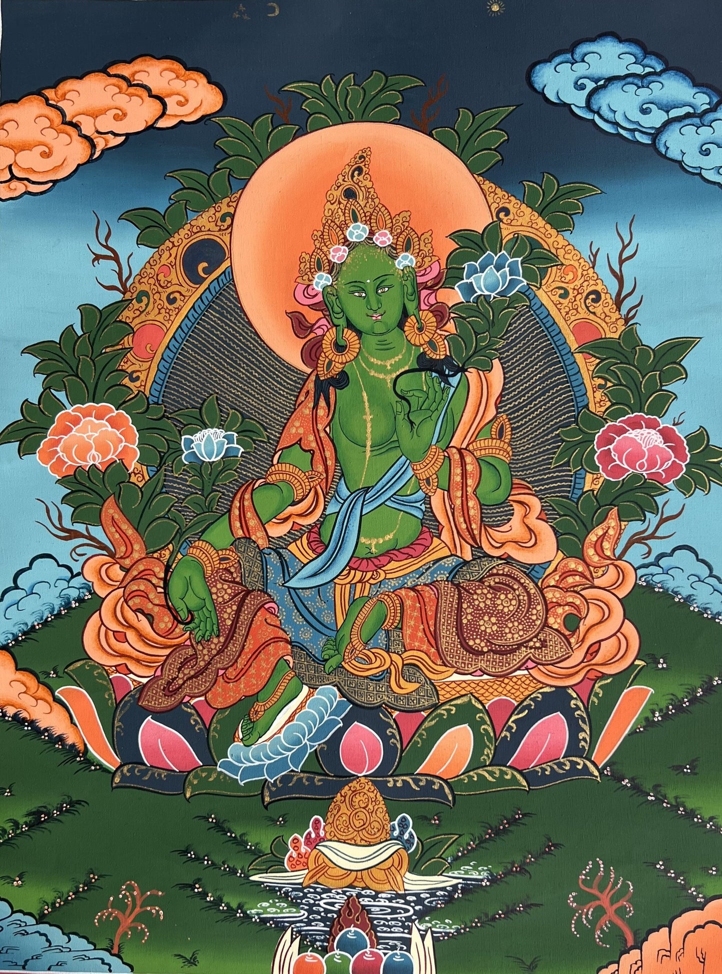 Hand-Painted Green Tara Tibetan Thangka Painting, Meditation Art