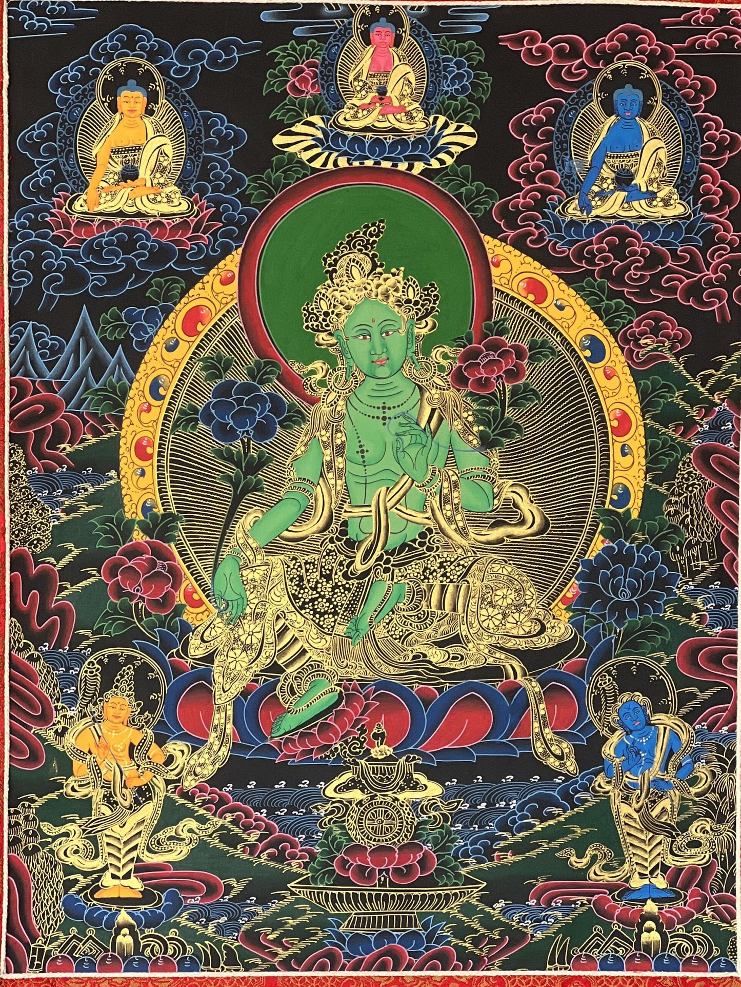 Green Tara Tibetan Thangka with Silk Brocade | Hand Painted Buddhist Meditation Art