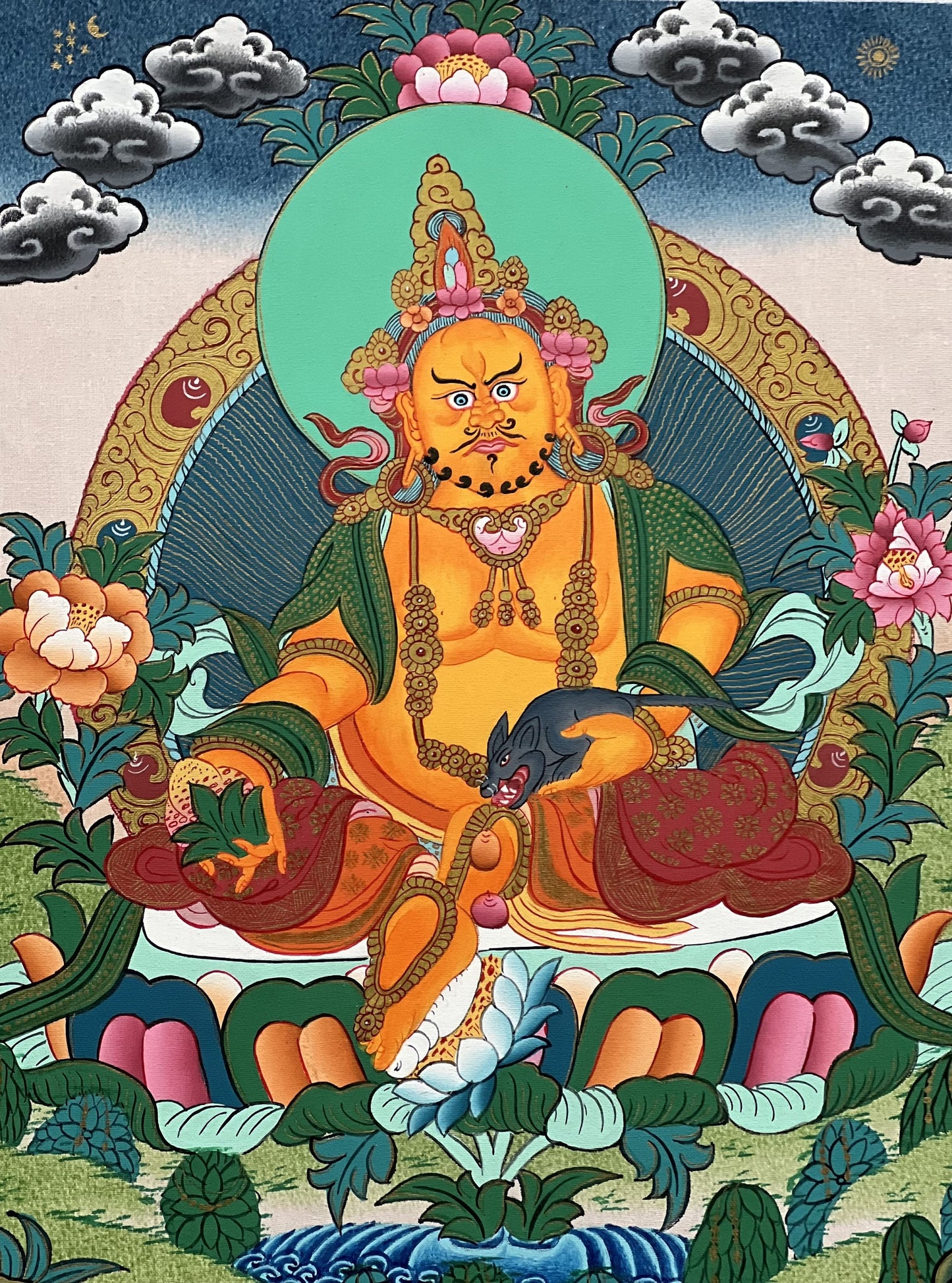 Hand-Painted Jambhala Thangka Painting with Khadi Silk Brocade