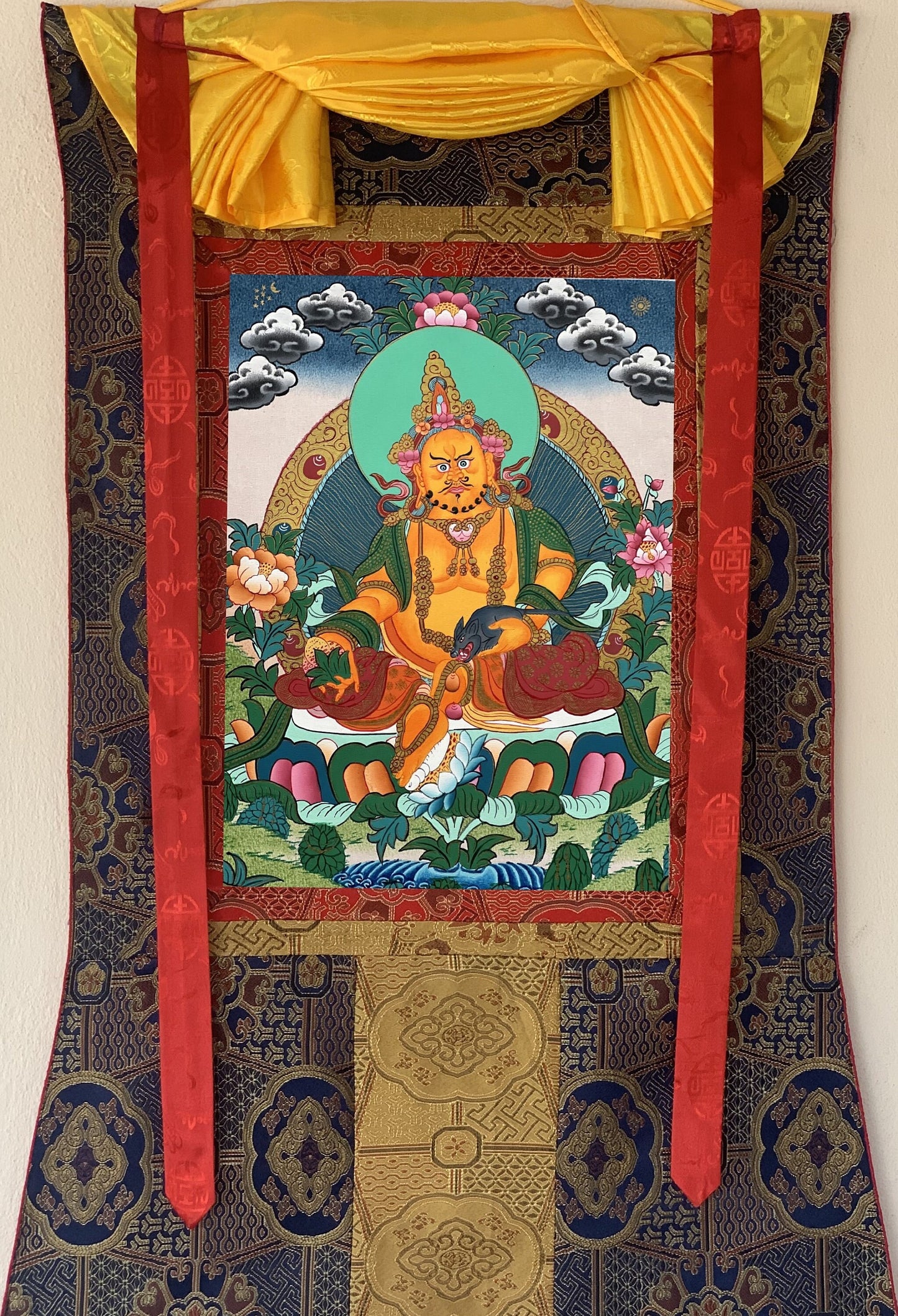 Hand-Painted Jambhala Thangka Painting with Khadi Silk Brocade