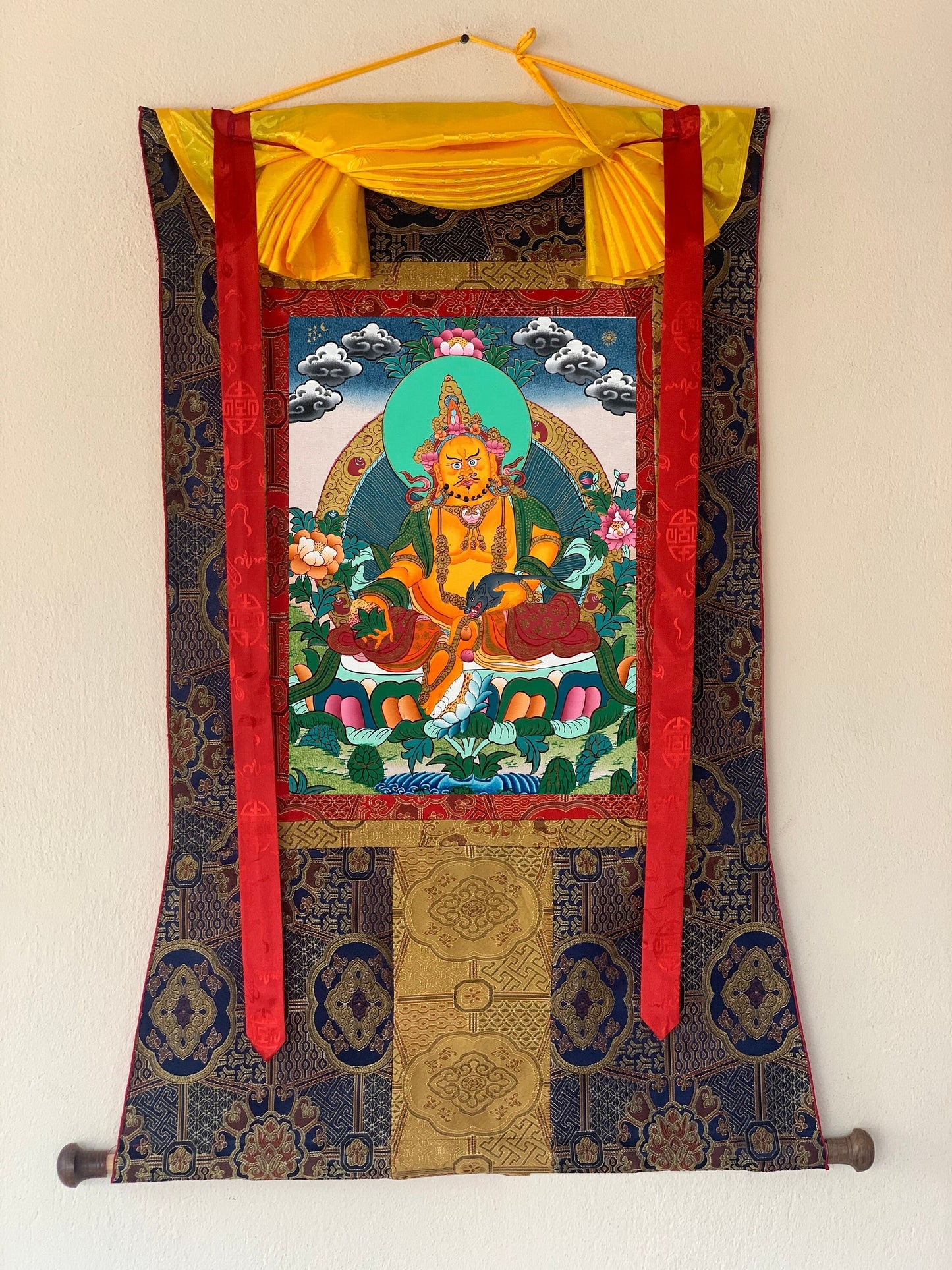 Hand-Painted Jambhala Thangka Painting with Khadi Silk Brocade