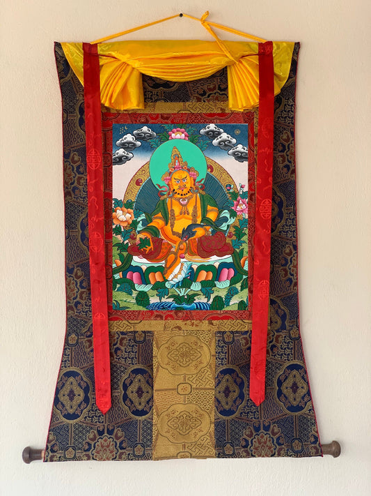 Hand-Painted Jambhala Thangka Painting with Khadi Silk Brocade