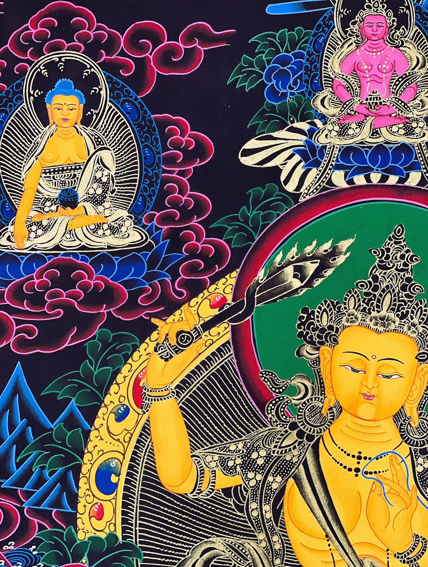 Hand-Painted Manjushri Thangka: Tibetan God of Wisdom, Silk Brocade