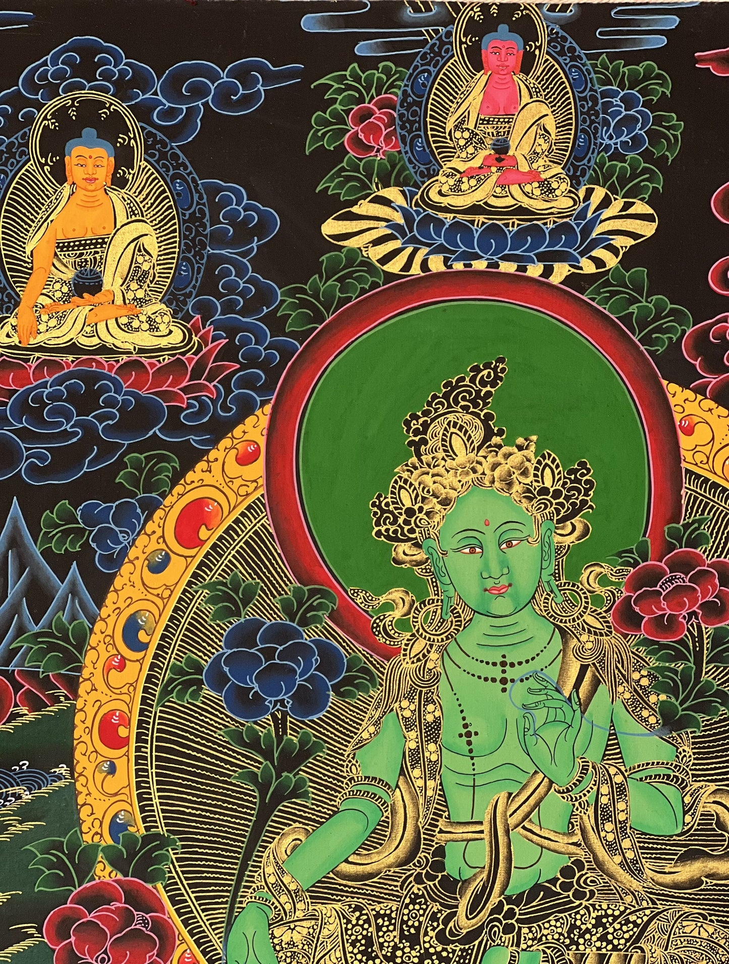 Green Tara Tibetan Thangka with Silk Brocade | Hand Painted Buddhist Meditation Art