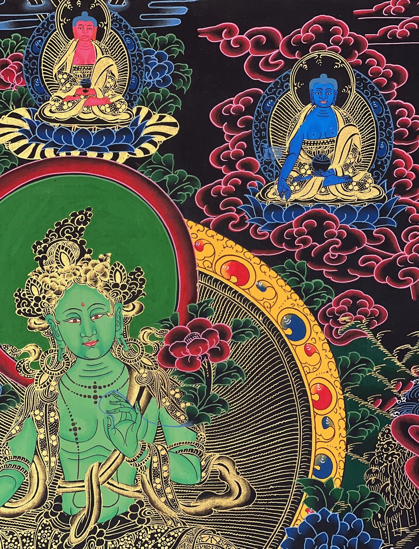 Green Tara Tibetan Thangka with Silk Brocade | Hand Painted Buddhist Meditation Art