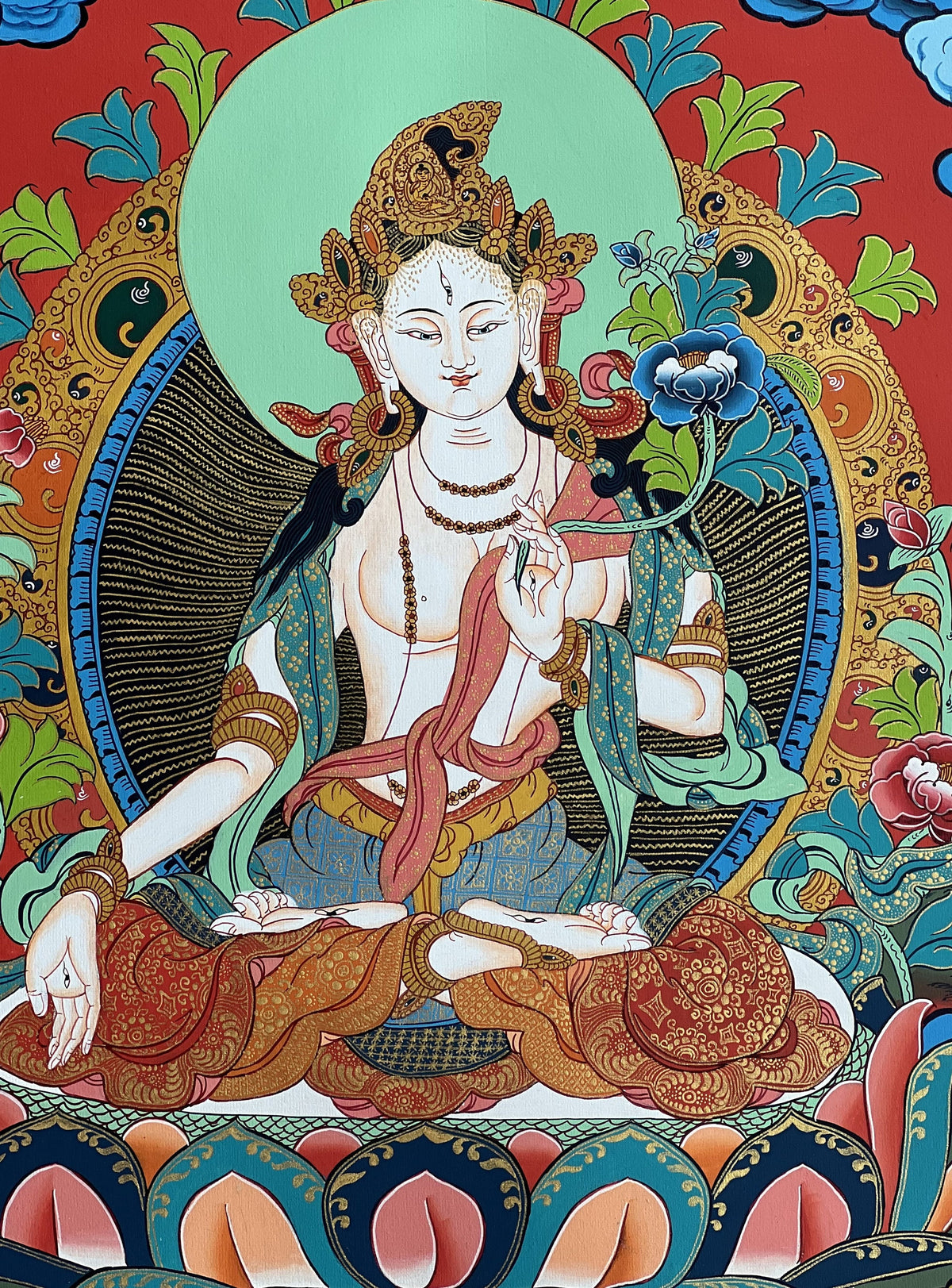 White Tara Tibetan Thangka with Silk Brocade | Hand-Painted Goddess of Compassion Art