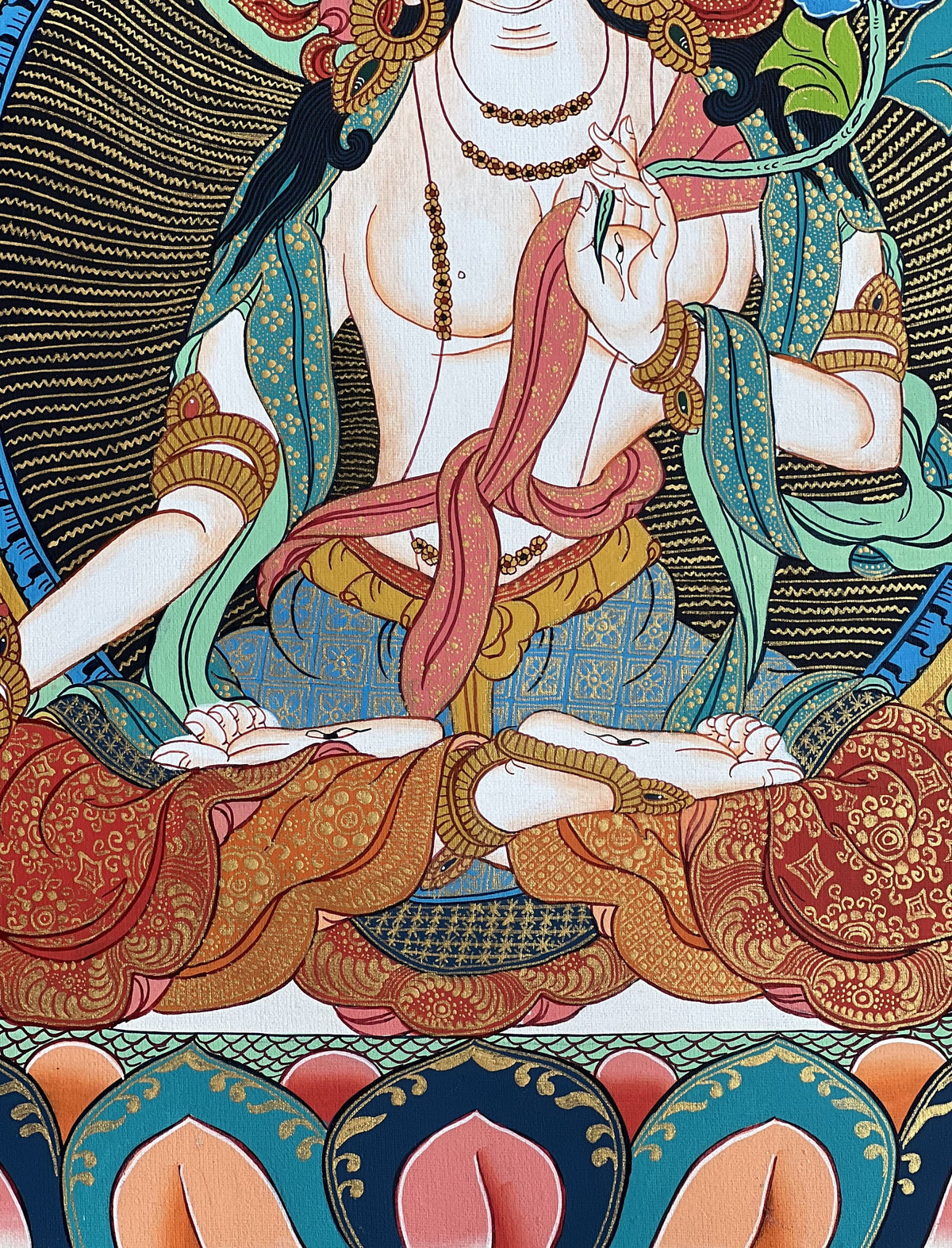 White Tara Tibetan Thangka with Silk Brocade | Hand-Painted Goddess of Compassion Art