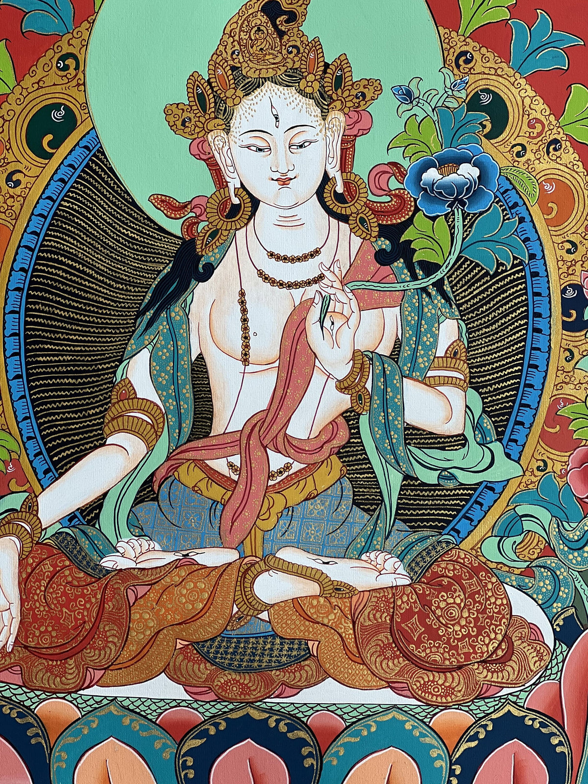 White Tara Tibetan Thangka with Silk Brocade | Hand-Painted Goddess of Compassion Art
