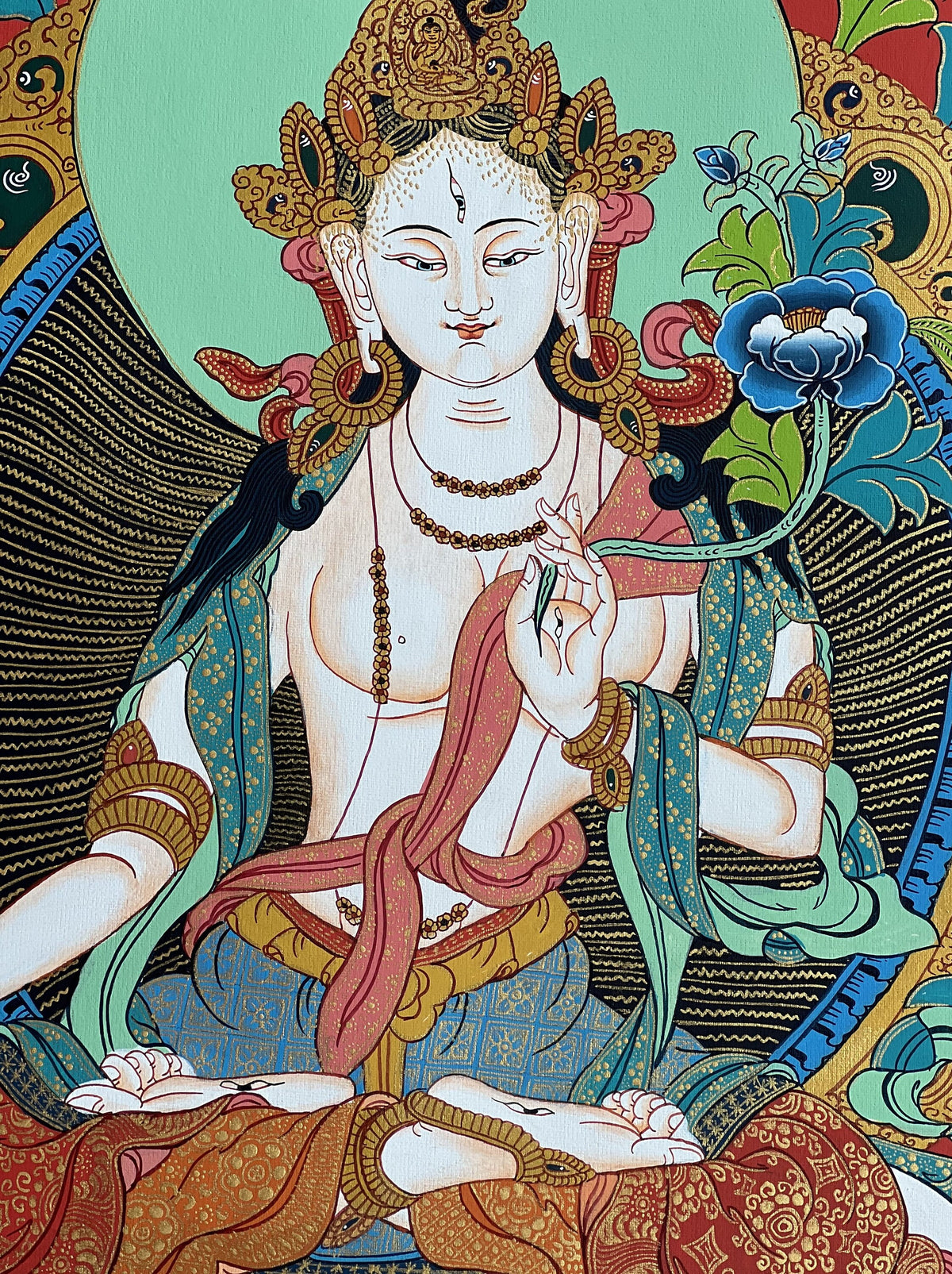 White Tara Tibetan Thangka with Silk Brocade | Hand-Painted Goddess of Compassion Art