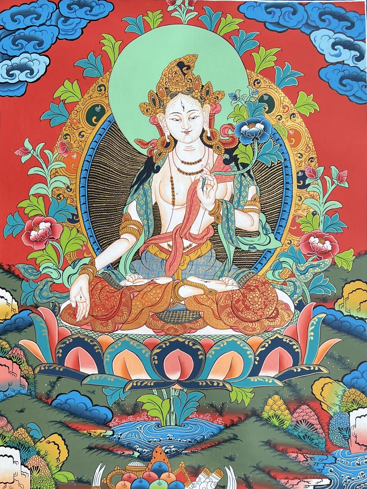 White Tara Tibetan Thangka with Silk Brocade | Hand-Painted Goddess of Compassion Art