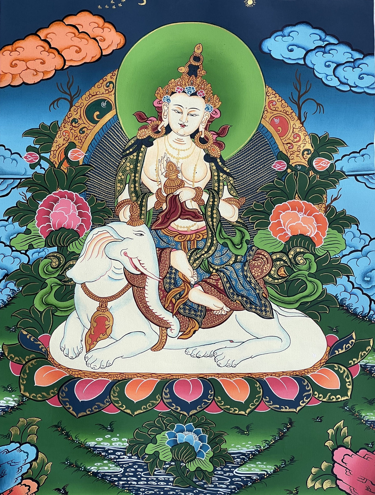 Pu Xian Buddha Thangka Painting: Kindness Bodhisattva on Elephant