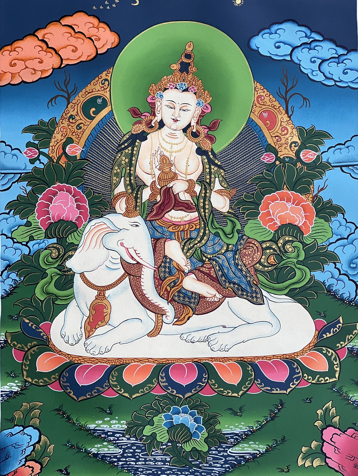 Pu Xian Buddha Thangka Painting: Kindness Bodhisattva on Elephant