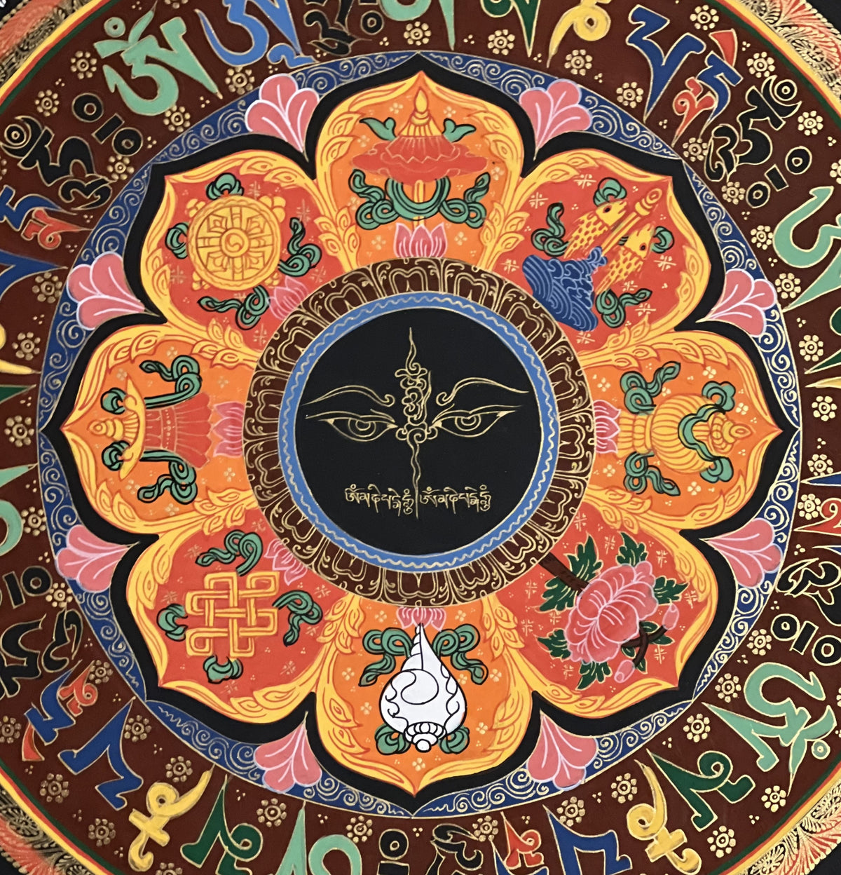 Hand-Painted Buddha Eye Mandala, Om Mani Padme Hum Thangka Art