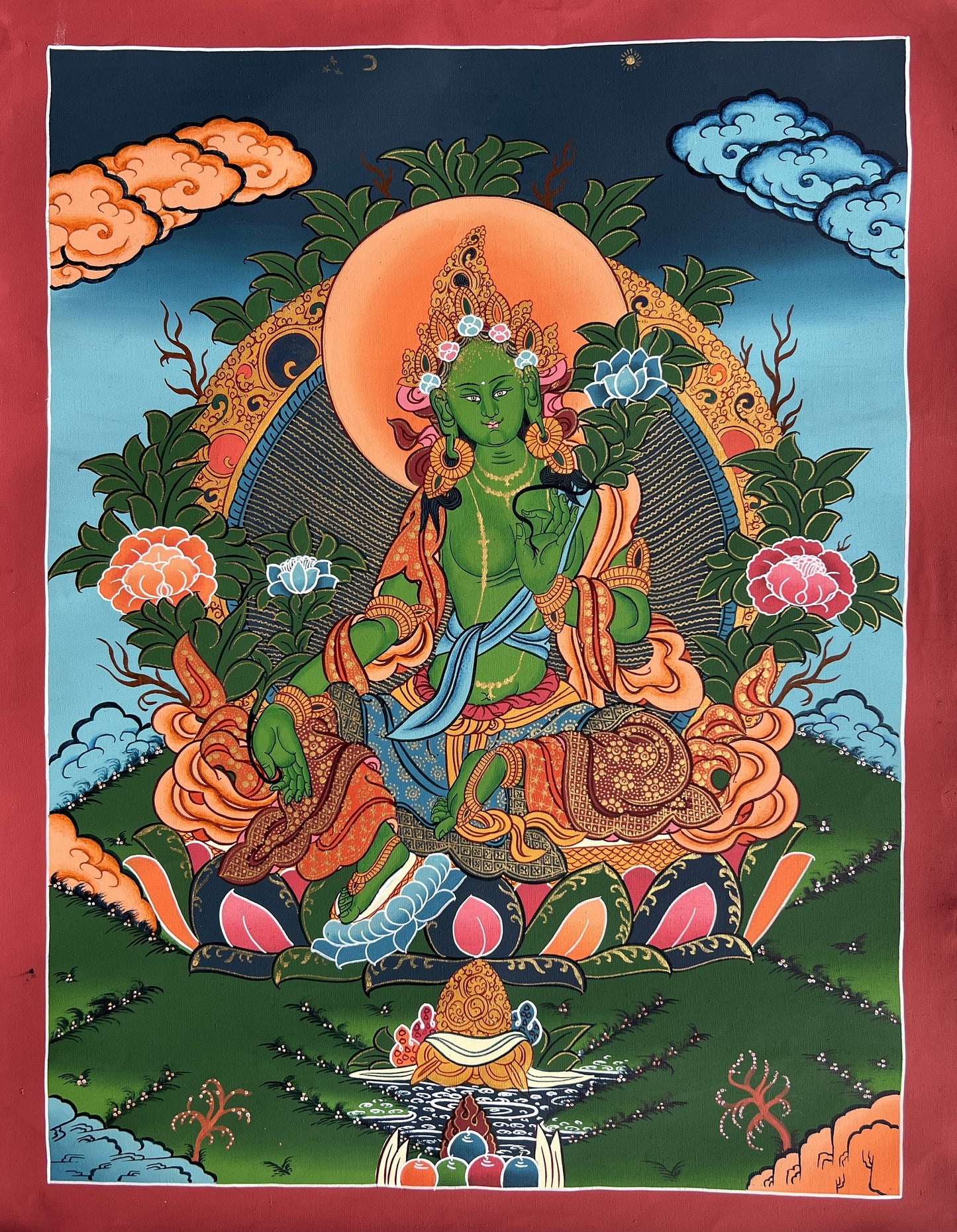 Hand-Painted Green Tara Tibetan Thangka Painting, Meditation Art