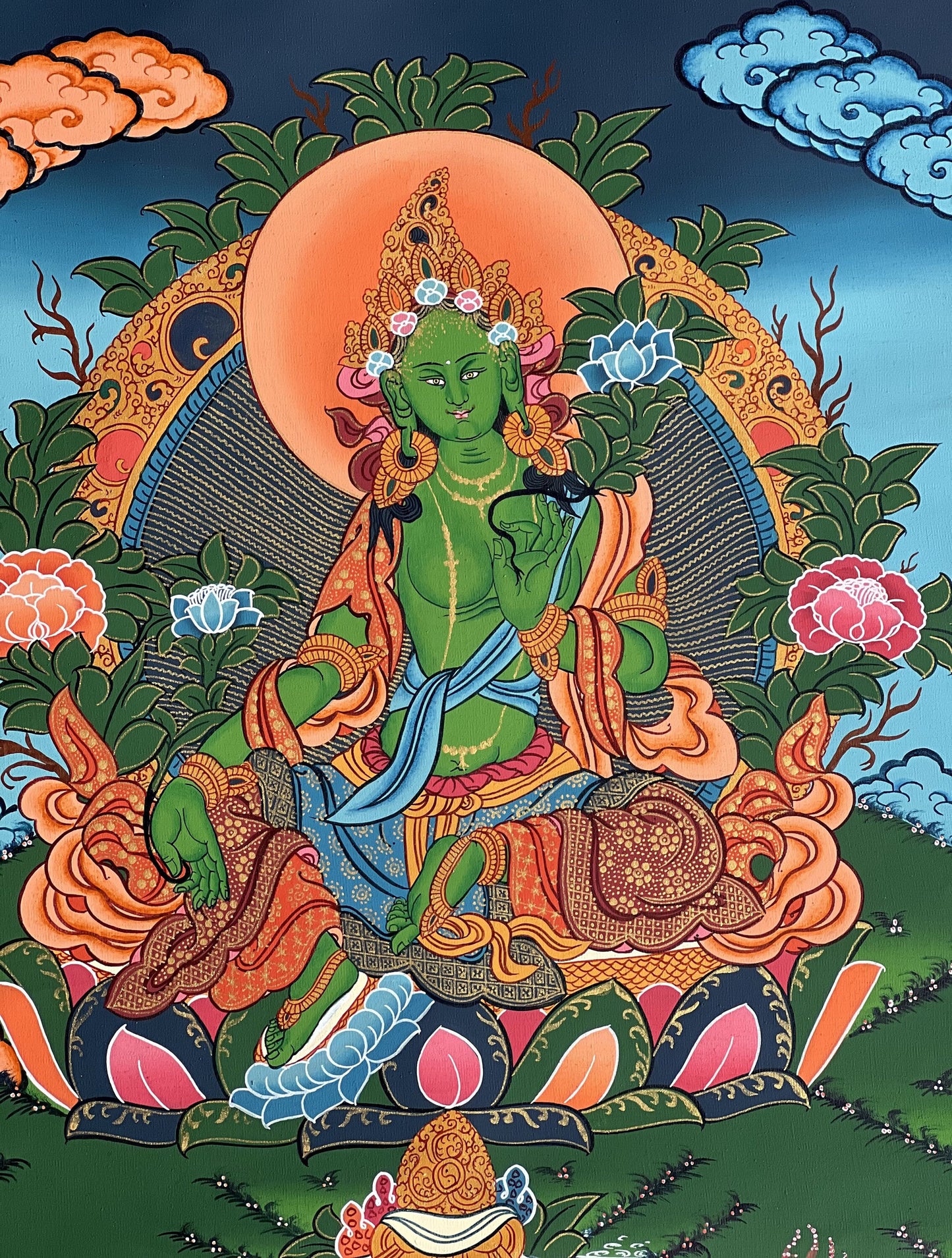 Hand-Painted Green Tara Tibetan Thangka Painting, Meditation Art