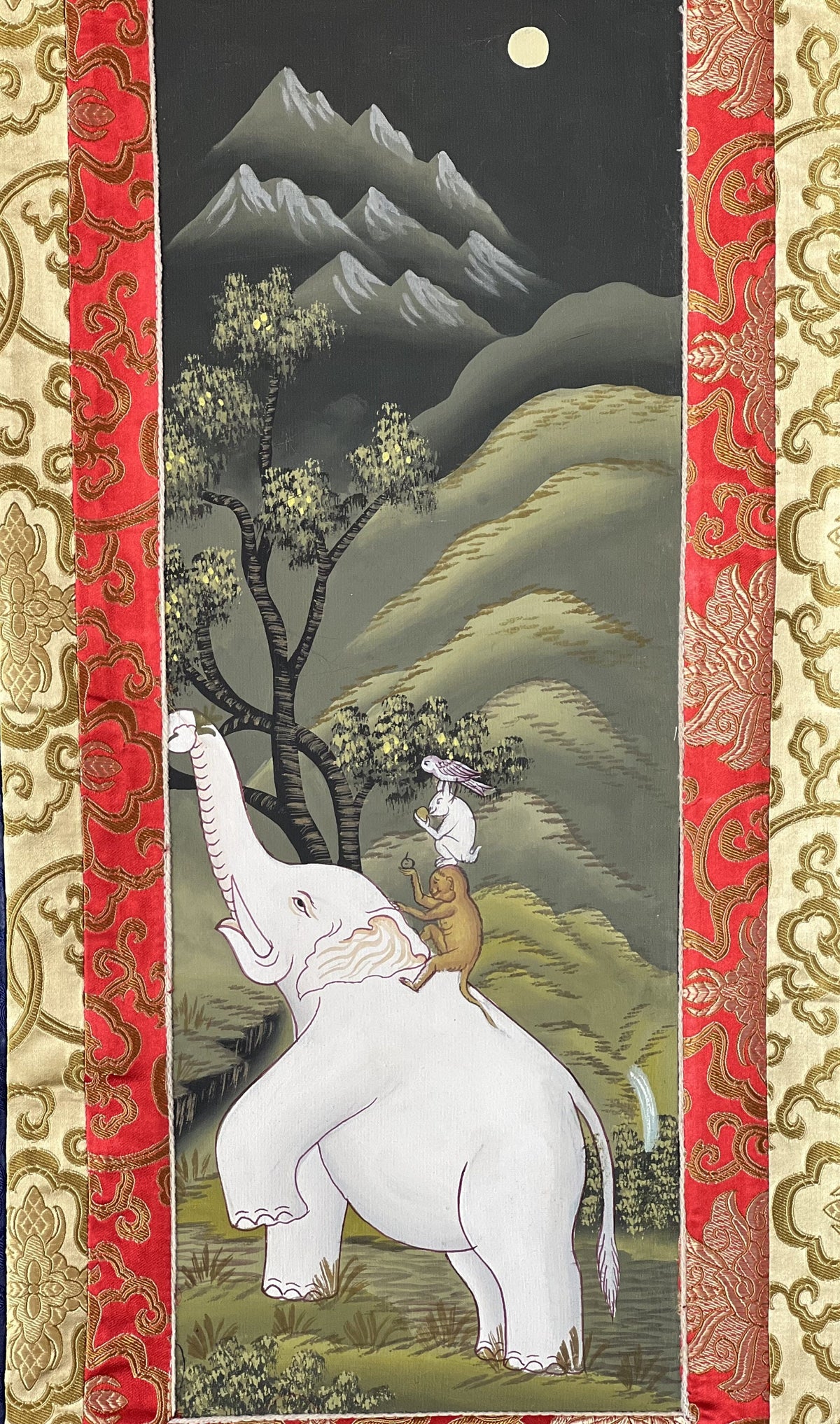 Four Harmonious Friends Thangka Painting, Newari Paubha Art with Silk Frame