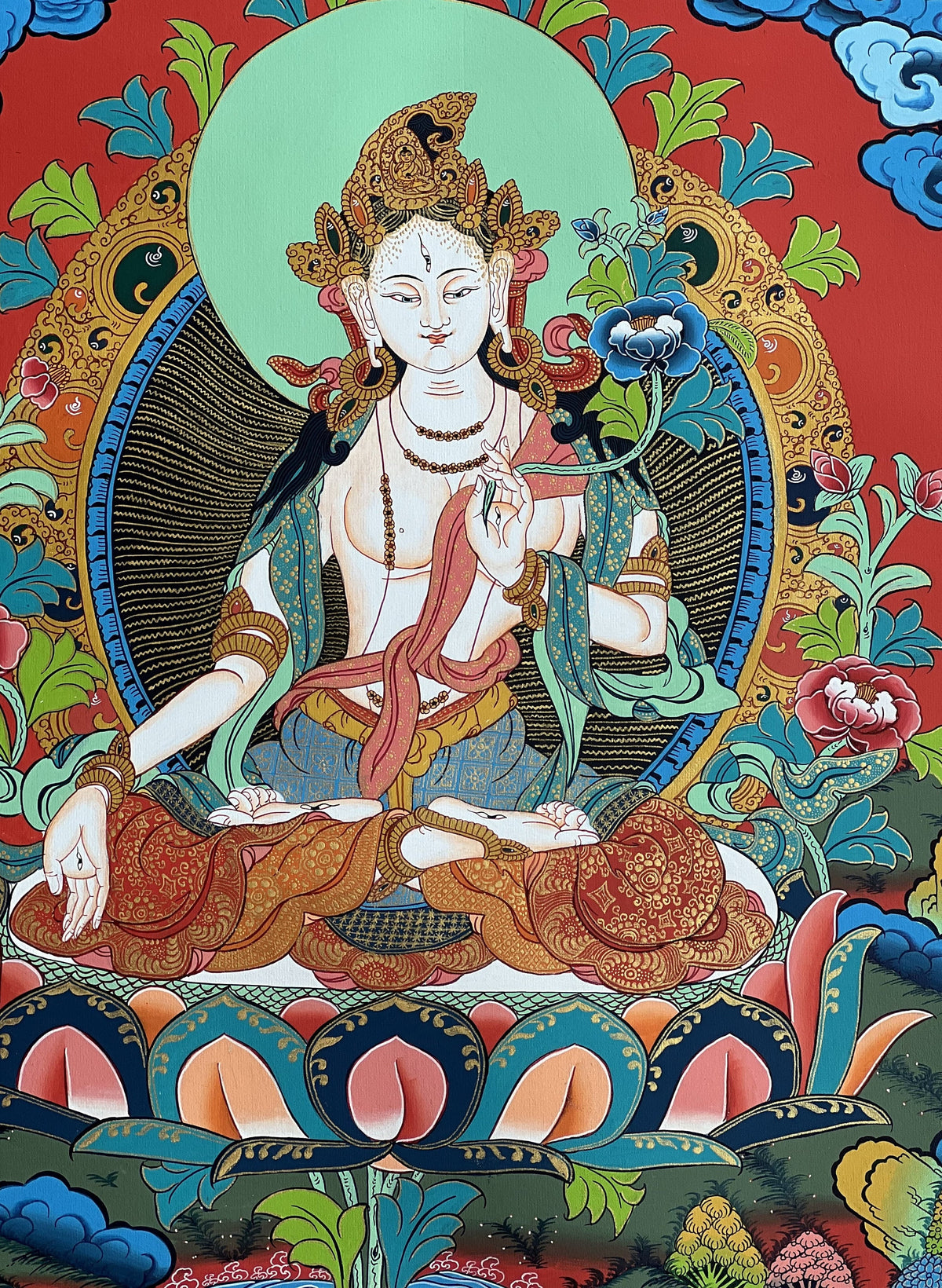 White Tara Tibetan Thangka with Silk Brocade | Hand-Painted Goddess of Compassion Art