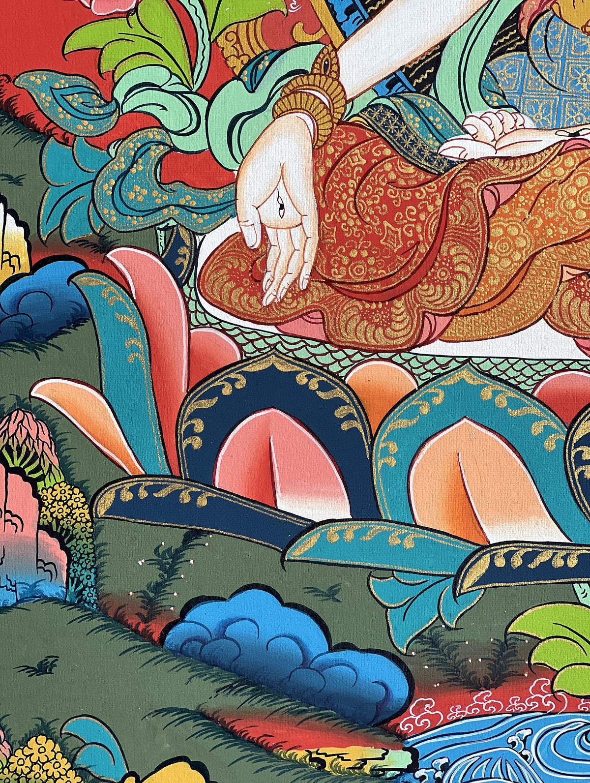 White Tara Tibetan Thangka with Silk Brocade | Hand-Painted Goddess of Compassion Art