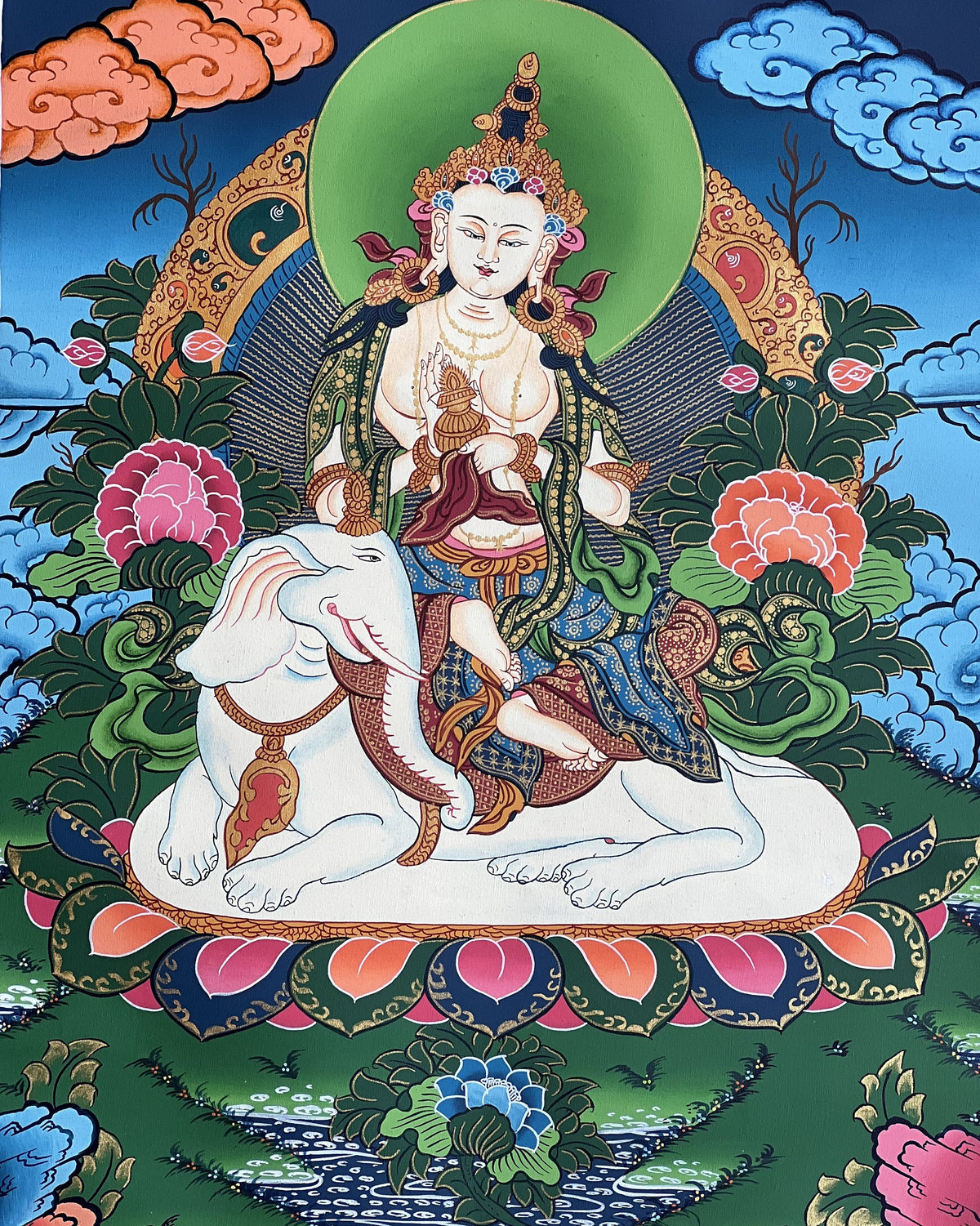 Pu Xian Buddha Thangka Painting: Kindness Bodhisattva on Elephant