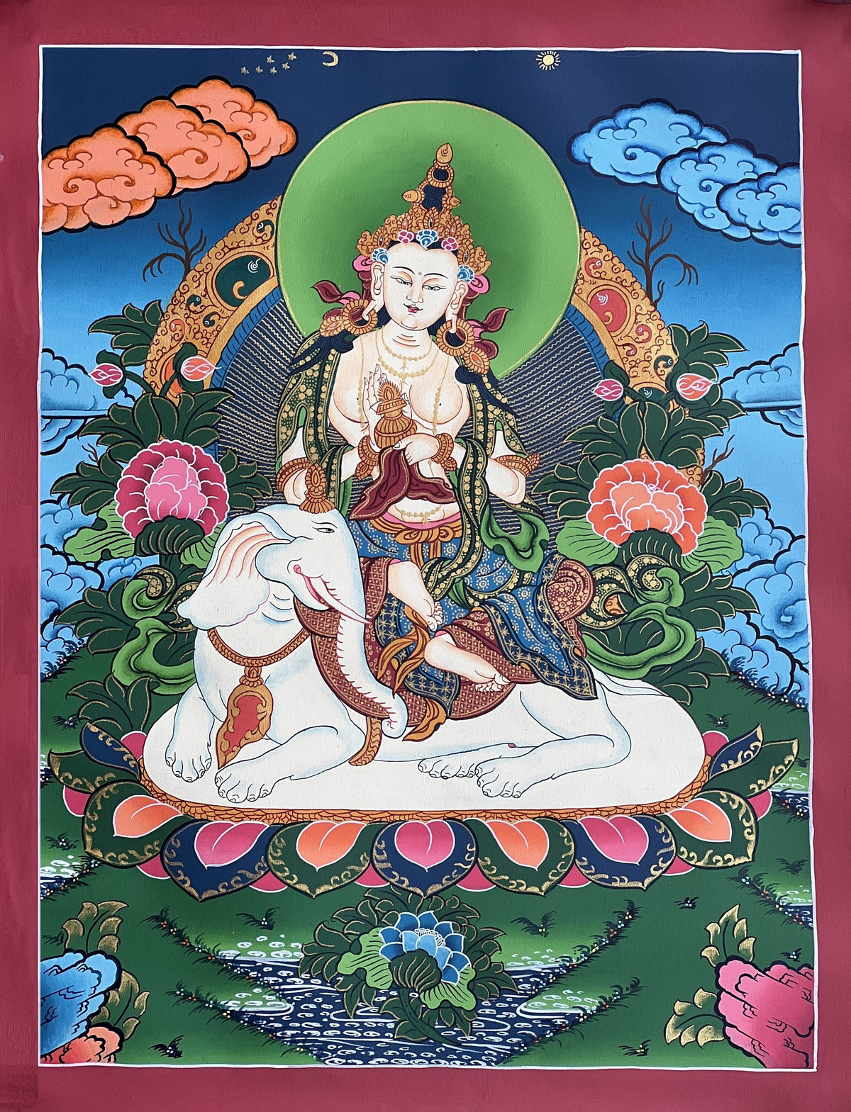 Pu Xian Buddha Thangka Painting: Kindness Bodhisattva on Elephant