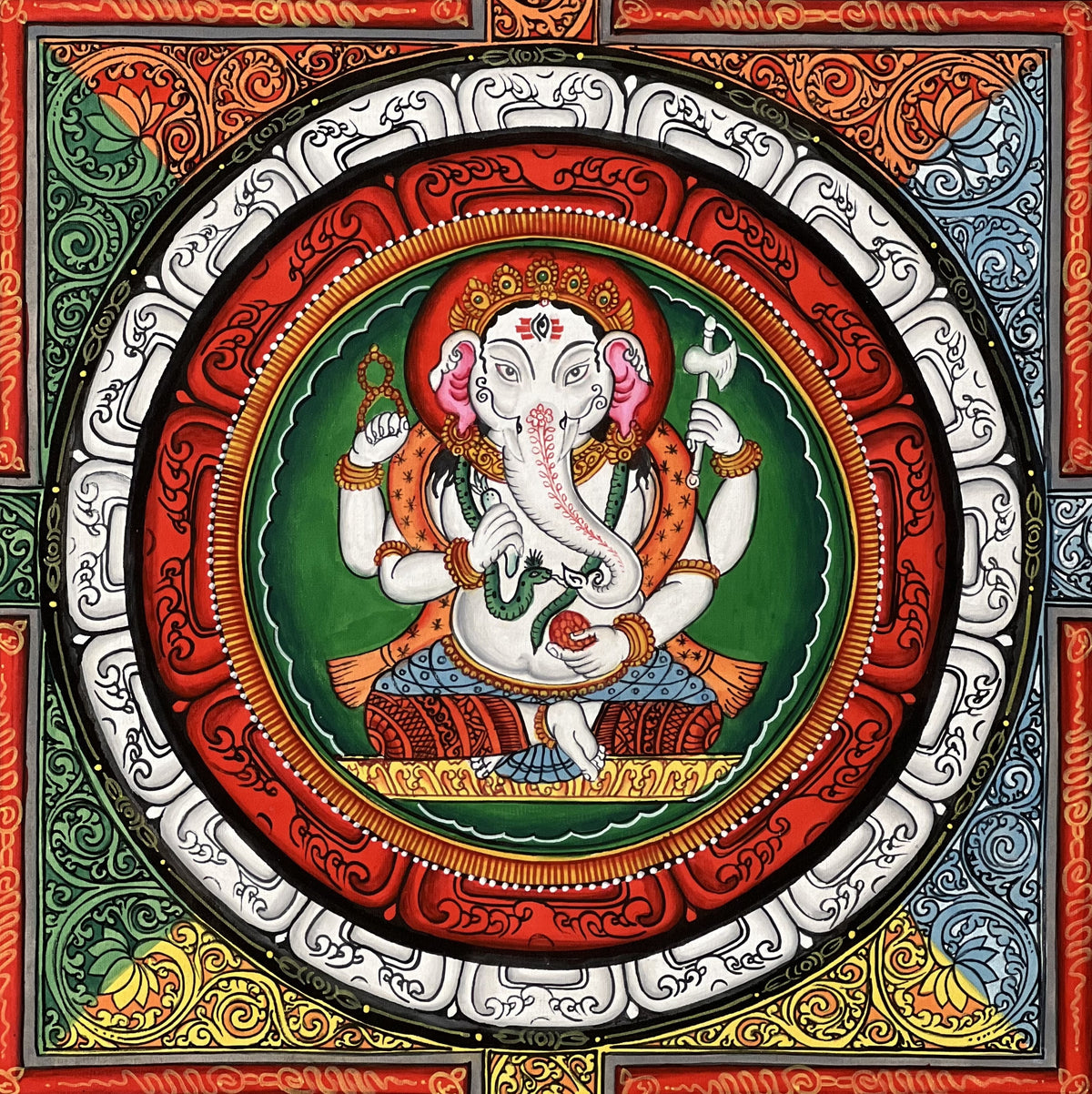 Ganesha ShriYantra Thangka Painting, Newari Paubha, Meditation Art
