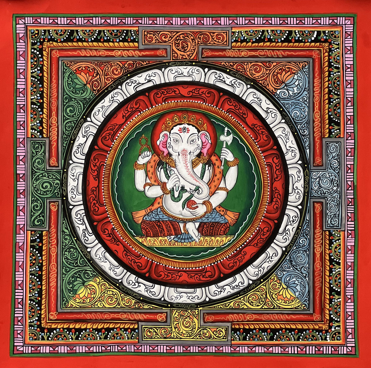 Ganesha ShriYantra Thangka Painting, Newari Paubha, Meditation Art
