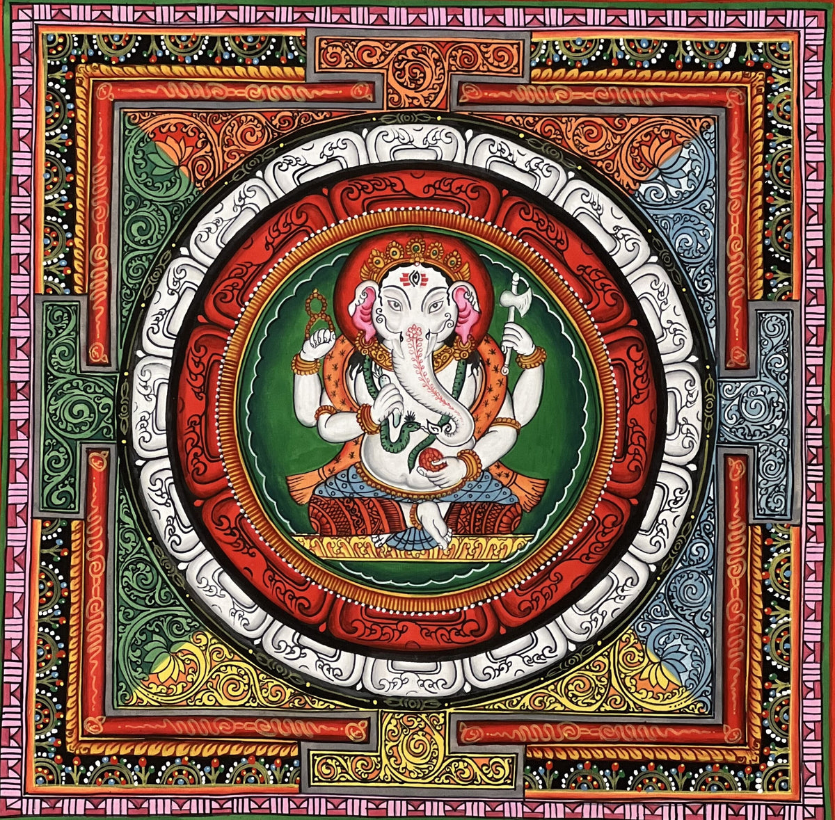Ganesha ShriYantra Thangka Painting, Newari Paubha, Meditation Art