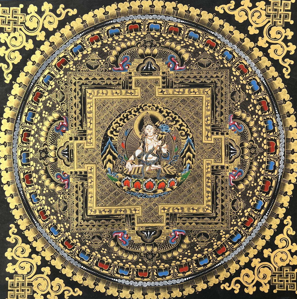 Hand-Painted White Tara Mandala Thangka, Tibetan Art