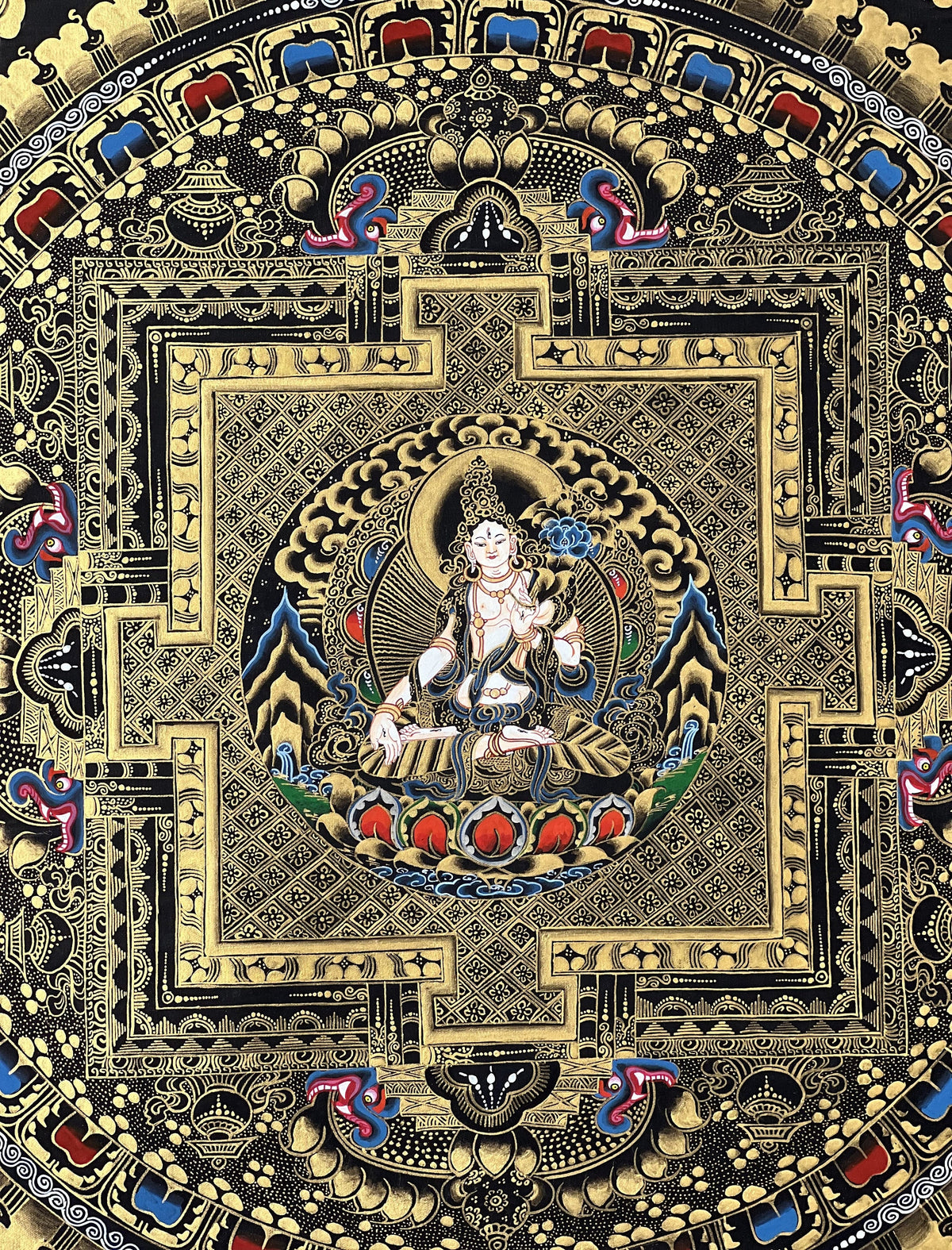 Hand-Painted White Tara Mandala Thangka, Tibetan Art