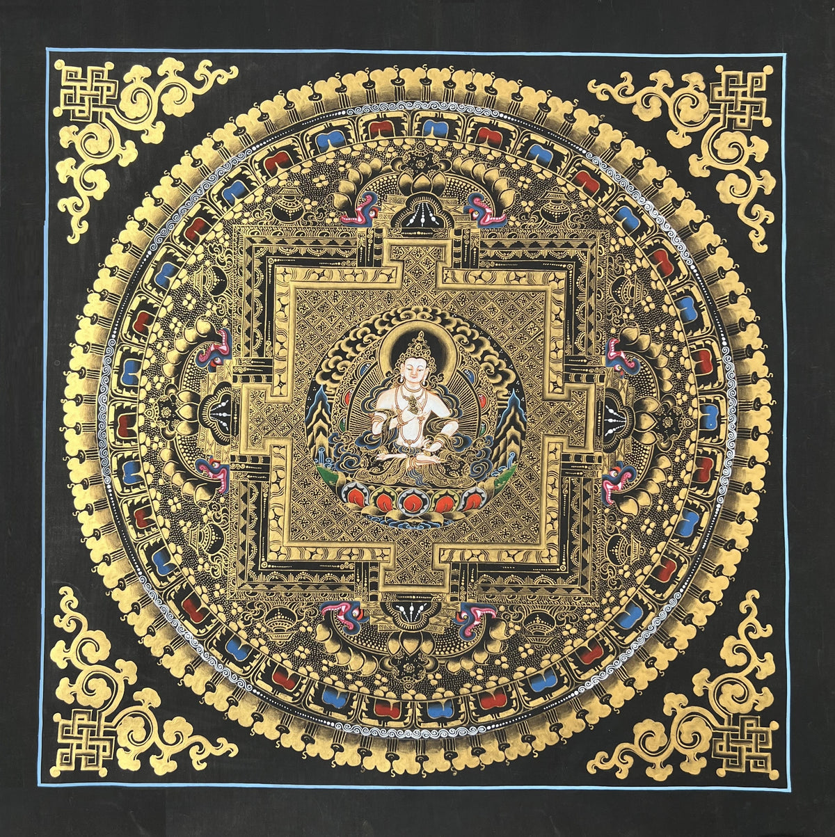 Vajrasattva Mandala Thangka Painting, Black and Gold Buddhist Art