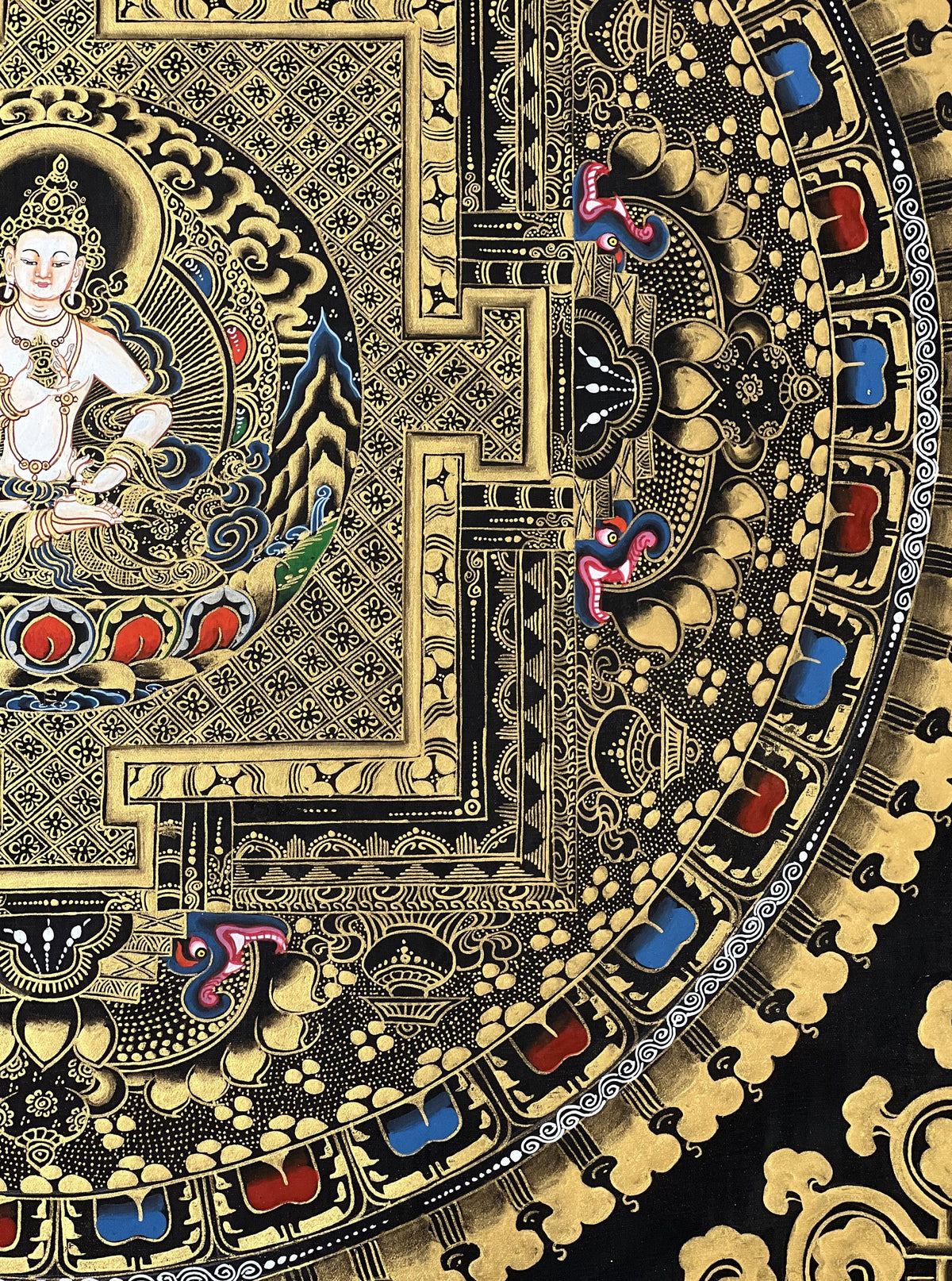 Vajrasattva Mandala Thangka Painting, Black and Gold Buddhist Art